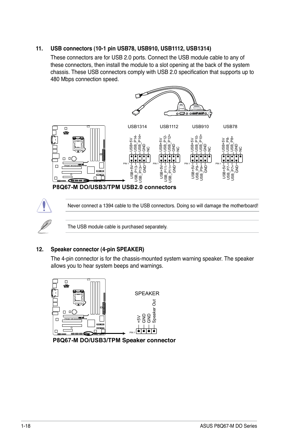 P8q67-m do/usb3/tpm speaker connector, Speaker | Asus P8Q67-M DO/USB3/TPM User Manual | Page 28 / 62