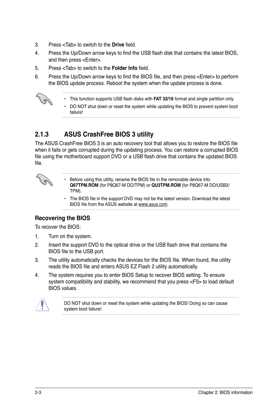 3 asus crashfree bios 3 utility, Asus crashfree bios 3 utility -3 | Asus P8Q67-M DO/USB3/TPM User Manual | Page 32 / 62
