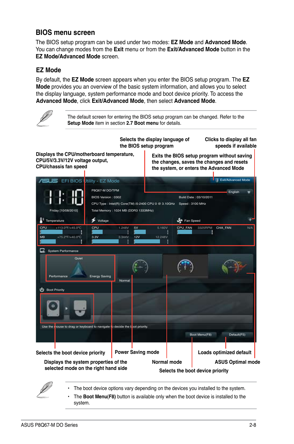 Bios menu screen, Ez mode, 8 asus p8q67-m do series | Asus P8Q67-M DO/USB3/TPM User Manual | Page 37 / 62