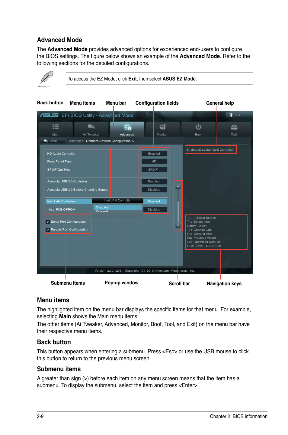Advanced mode, Menu items, Back button | Submenu items, Chapter 2: bios information 2-9, Navigation keys | Asus P8Q67-M DO/USB3/TPM User Manual | Page 38 / 62