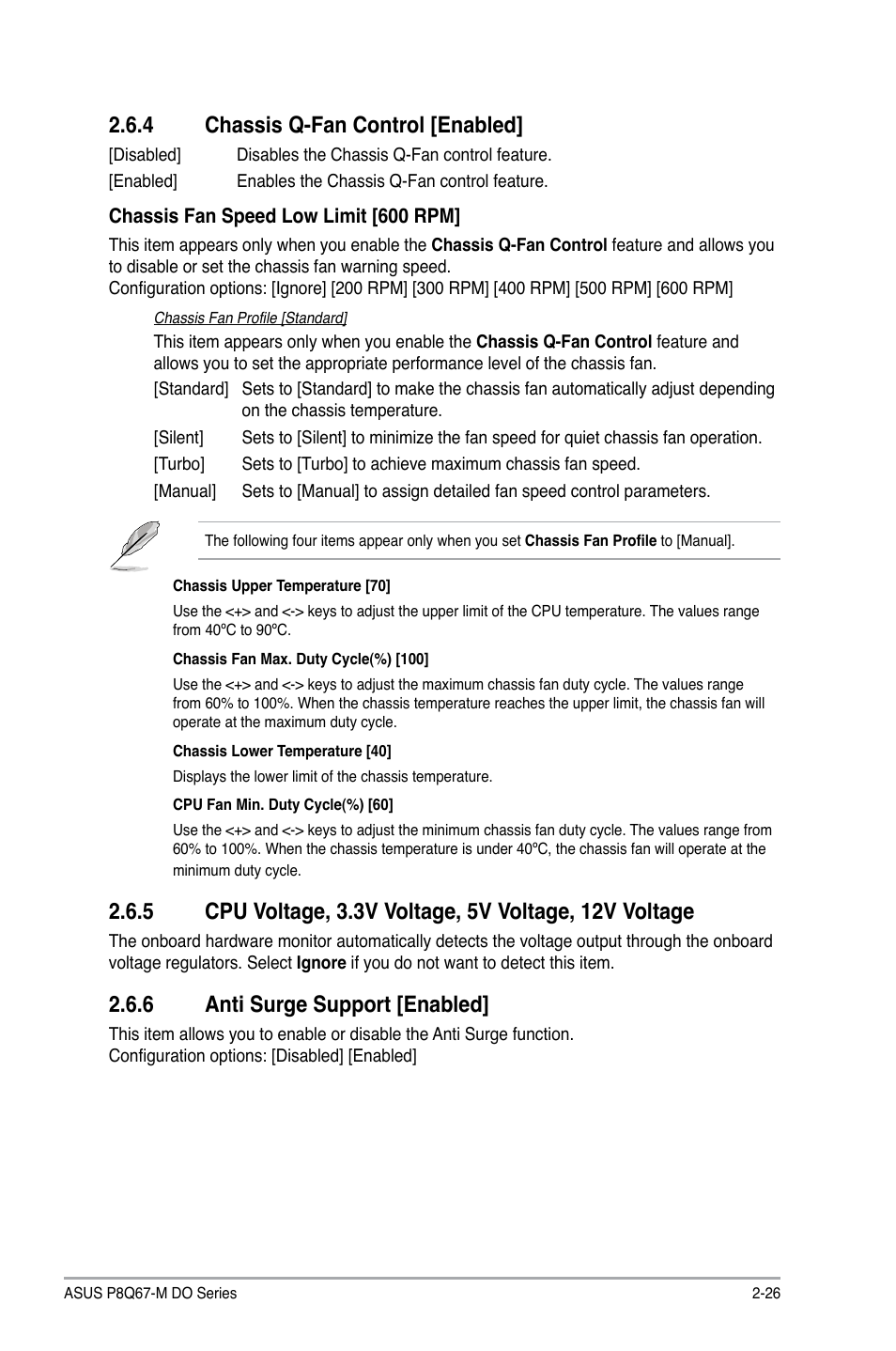 4 chassis q-fan control [enabled, 6 anti surge support [enabled, Chassis q-fan control [enabled] -26 | Anti surge support [enabled] -26 | Asus P8Q67-M DO/USB3/TPM User Manual | Page 55 / 62