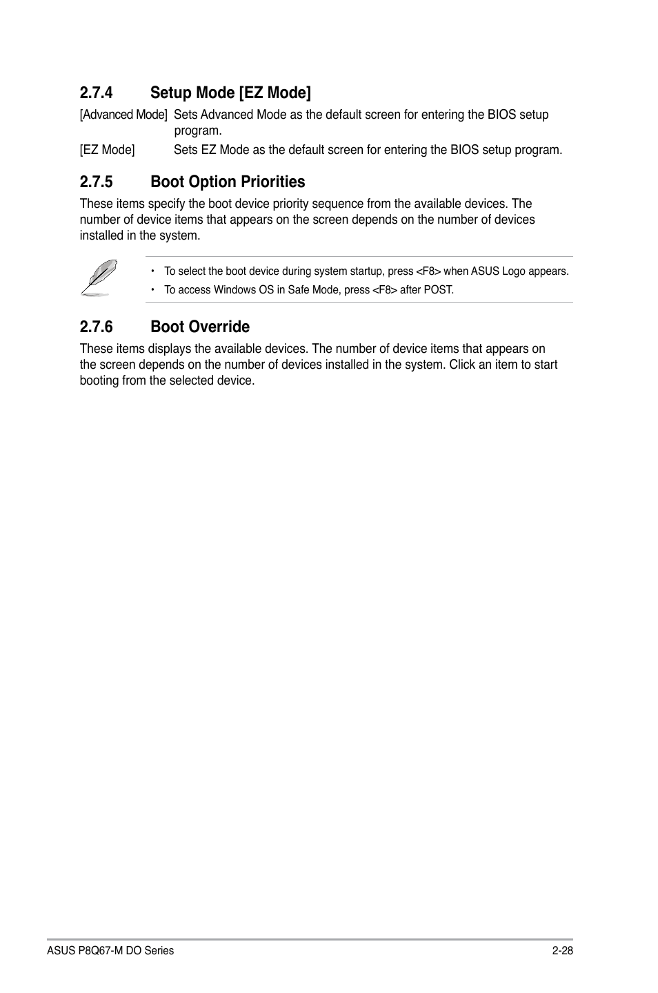 4 setup mode [ez mode, 5 boot option priorities, 6 boot override | Setup mode [ez mode] -28, Boot option priorities -28, Boot override -28 | Asus P8Q67-M DO/USB3/TPM User Manual | Page 57 / 62