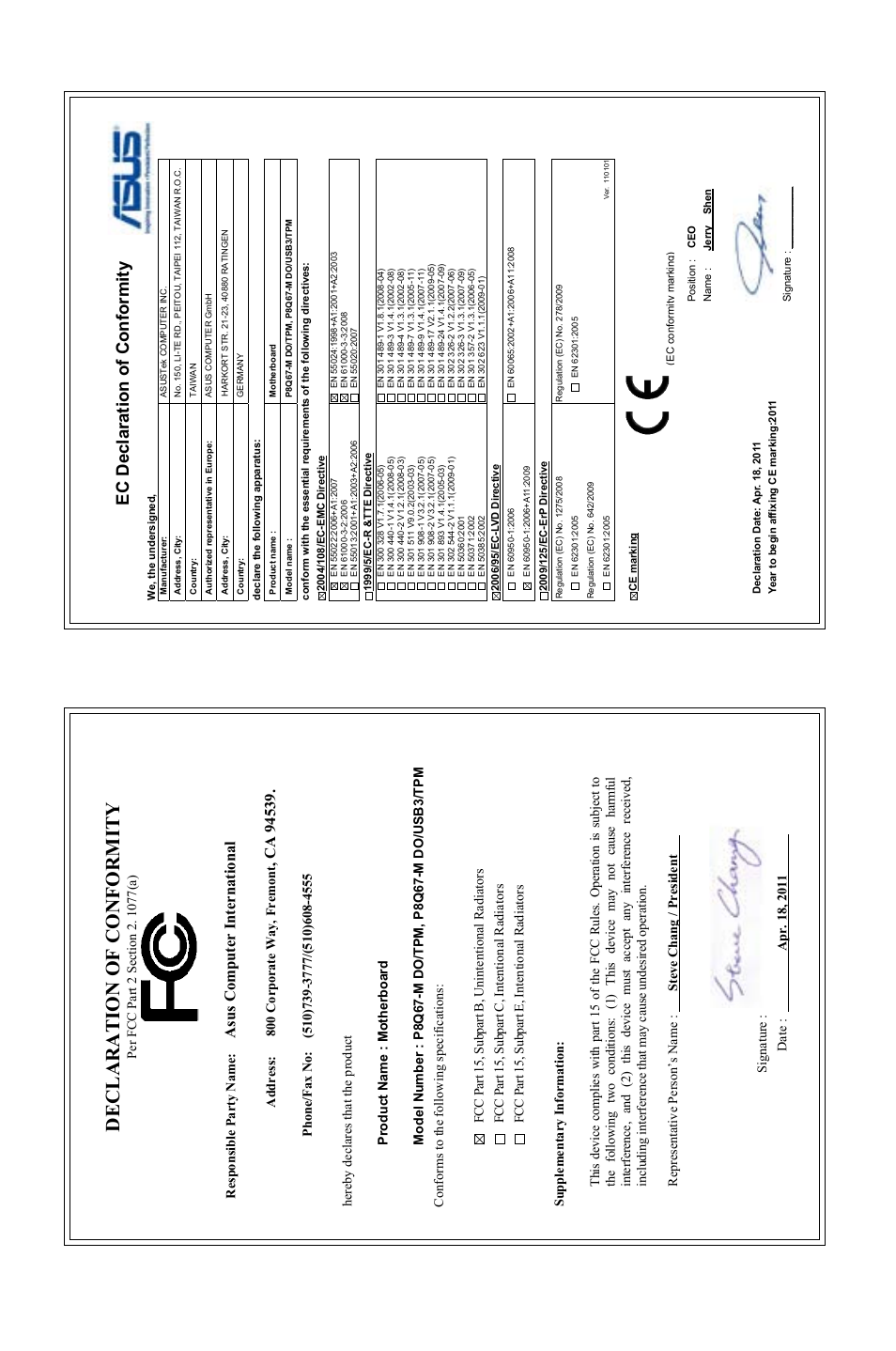 Declaration of conformity, Ec declaration of conformity, Asu s c om pu te r in te rn at io na l | Asus P8Q67-M DO/USB3/TPM User Manual | Page 62 / 62