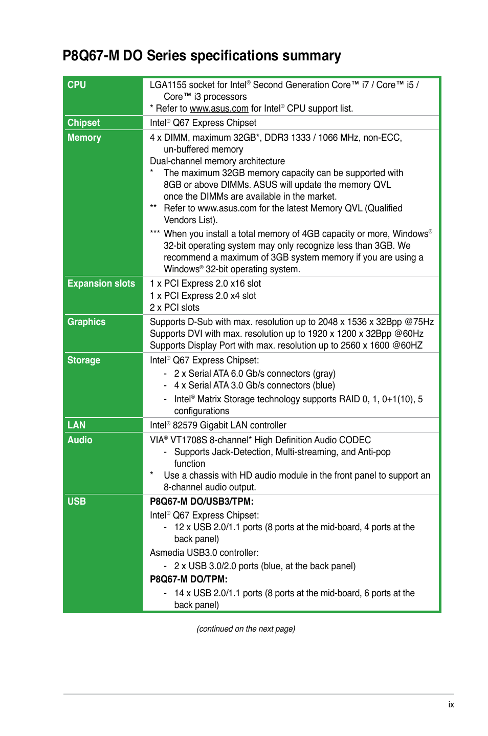 P8q67-m do series specifications summary | Asus P8Q67-M DO/USB3/TPM User Manual | Page 9 / 62