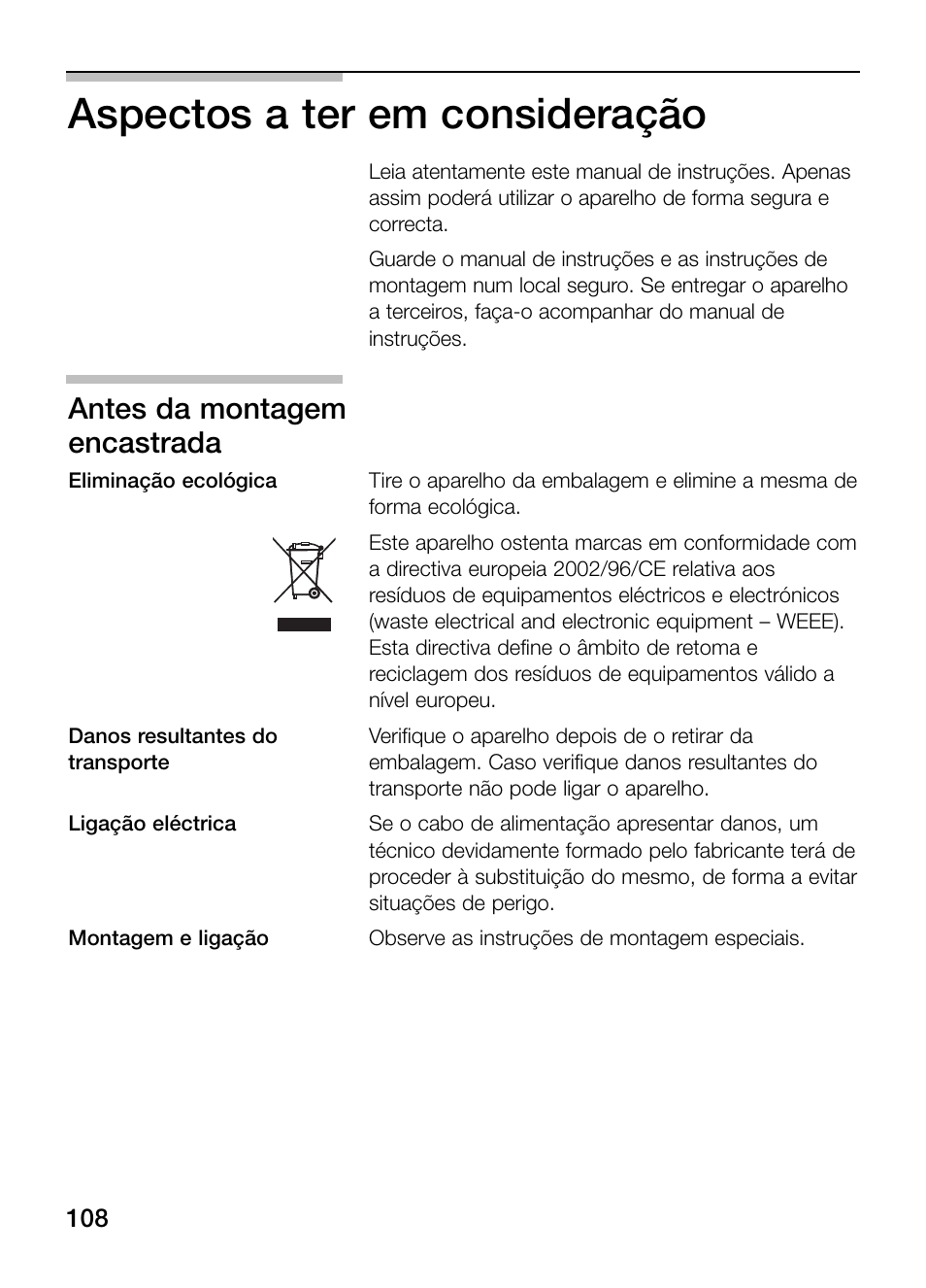 Aspectos a ter em consideração, Antes da montagem encastrada | Neff N64K40N0 User Manual | Page 108 / 124