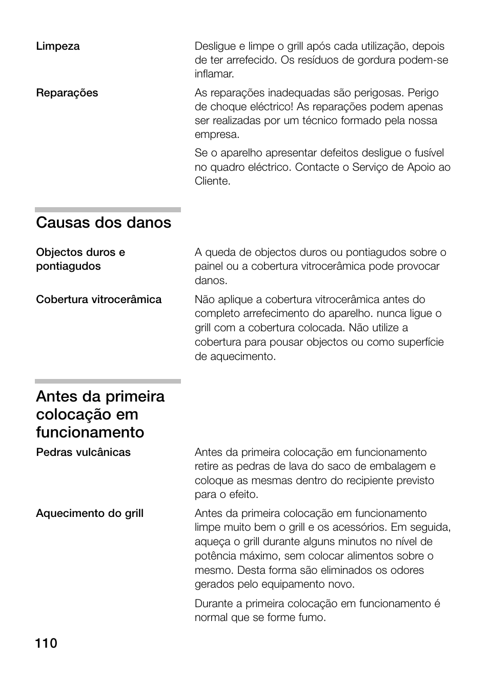 Causas dos danos, Antes da primeira colocação em funcionamento | Neff N64K40N0 User Manual | Page 110 / 124