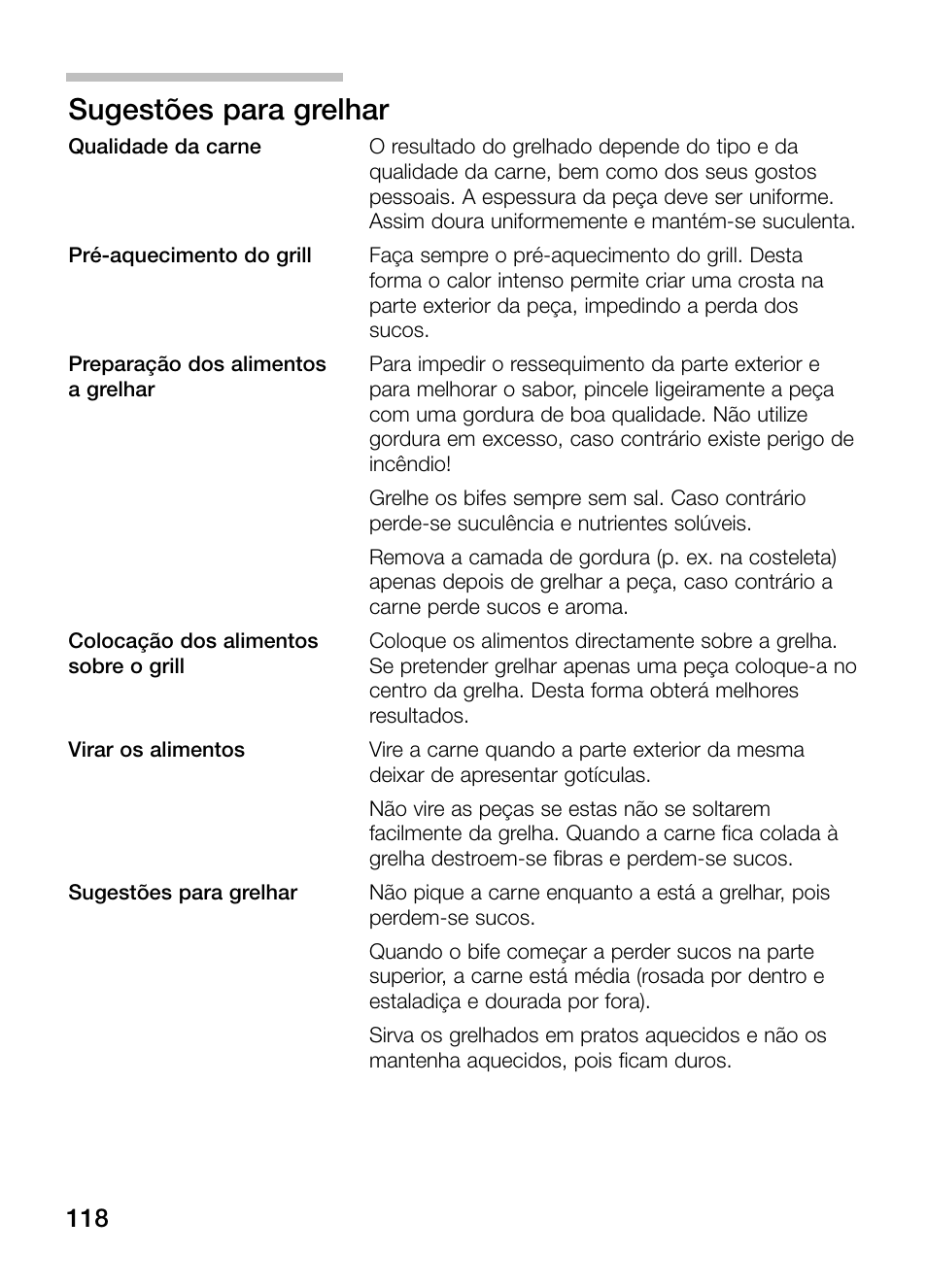 Sugestões para grelhar | Neff N64K40N0 User Manual | Page 118 / 124