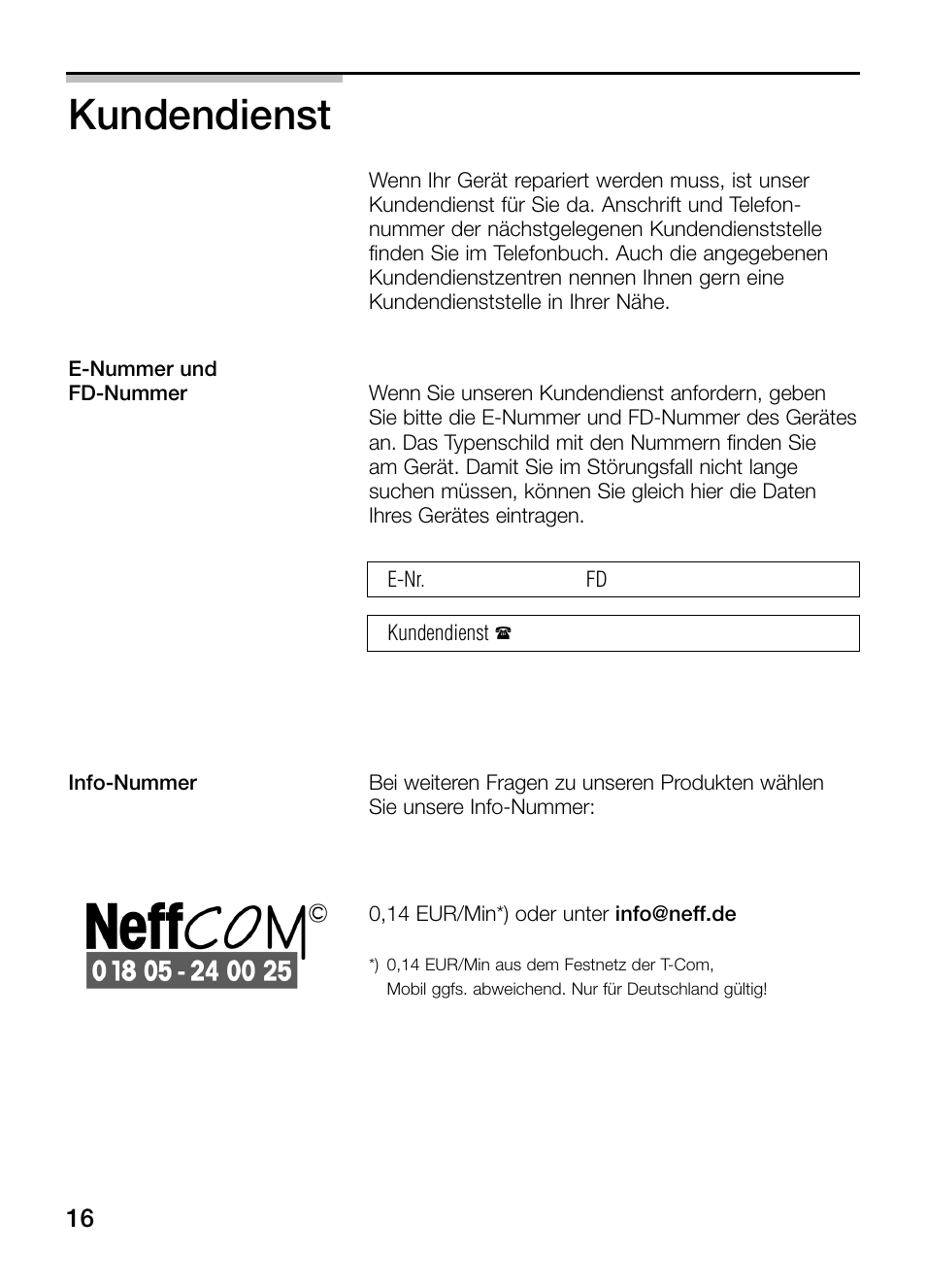 Kundendienst | Neff N64K40N0 User Manual | Page 16 / 124