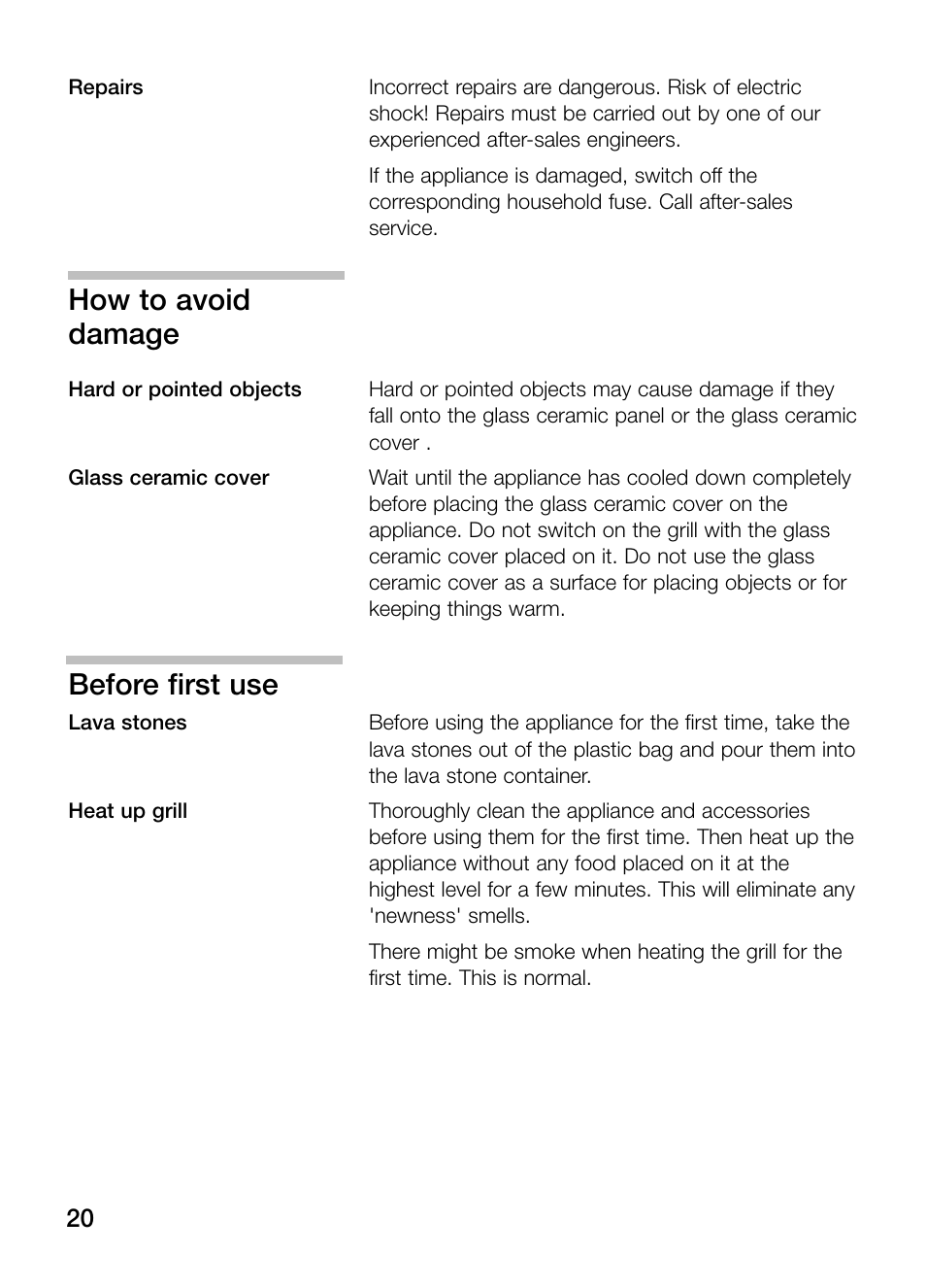 How to avoid damage, Before first use | Neff N64K40N0 User Manual | Page 20 / 124