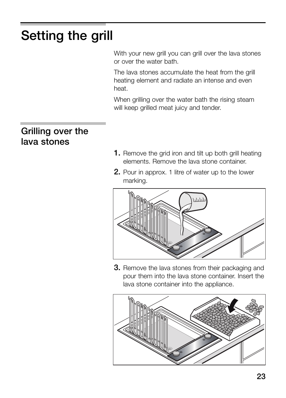 Setting the grill, Grilling over the lava stones | Neff N64K40N0 User Manual | Page 23 / 124