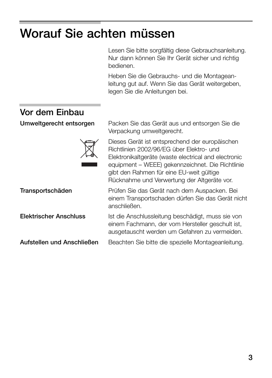 Worauf sie achten müssen, Vor dem einbau | Neff N64K40N0 User Manual | Page 3 / 124