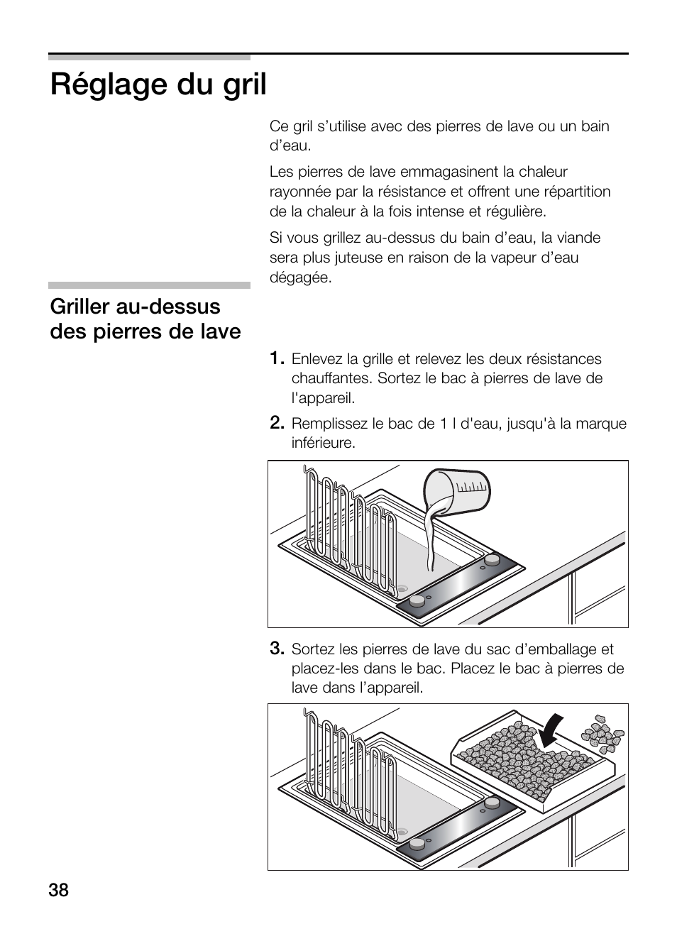 Réglage du gril, Griller au-dessus des pierres de lave | Neff N64K40N0 User Manual | Page 38 / 124