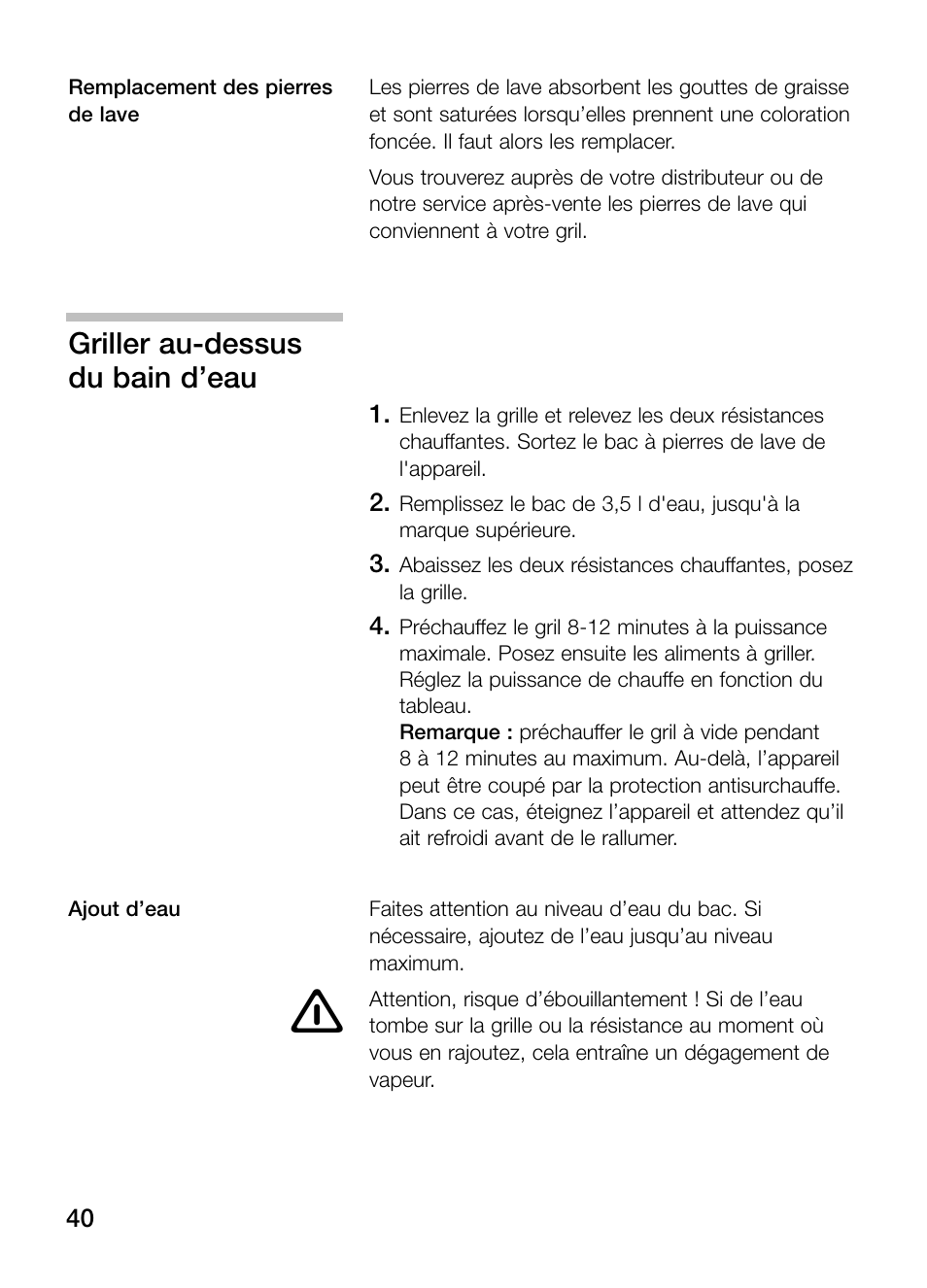 Griller au-dessus du bain d’eau | Neff N64K40N0 User Manual | Page 40 / 124