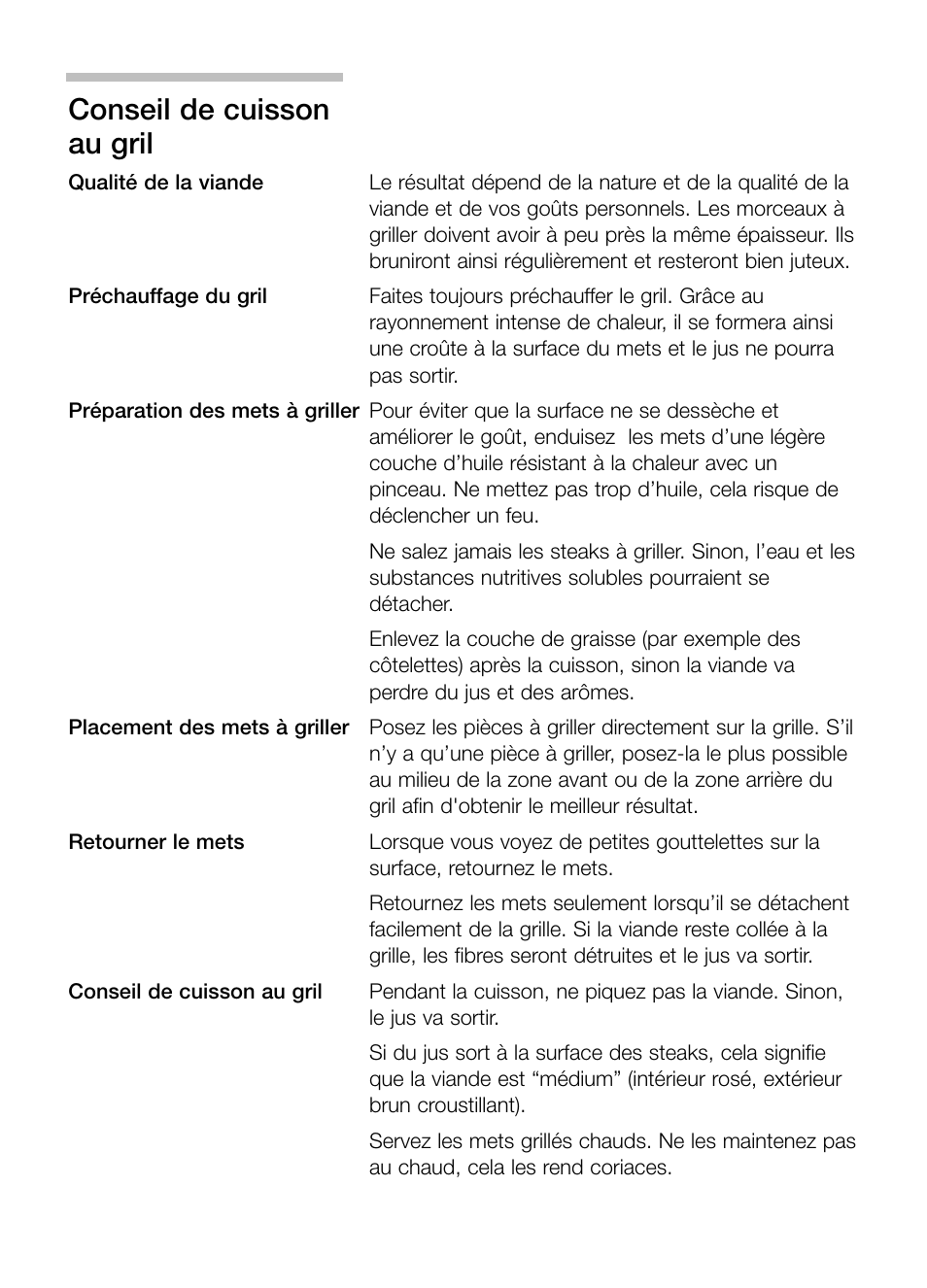 Conseil de cuisson au gril | Neff N64K40N0 User Manual | Page 43 / 124