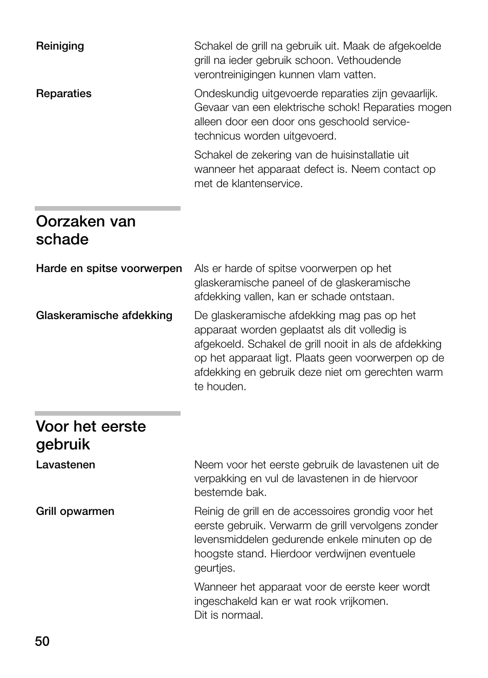 Oorzaken van schade, Voor het eerste gebruik | Neff N64K40N0 User Manual | Page 50 / 124