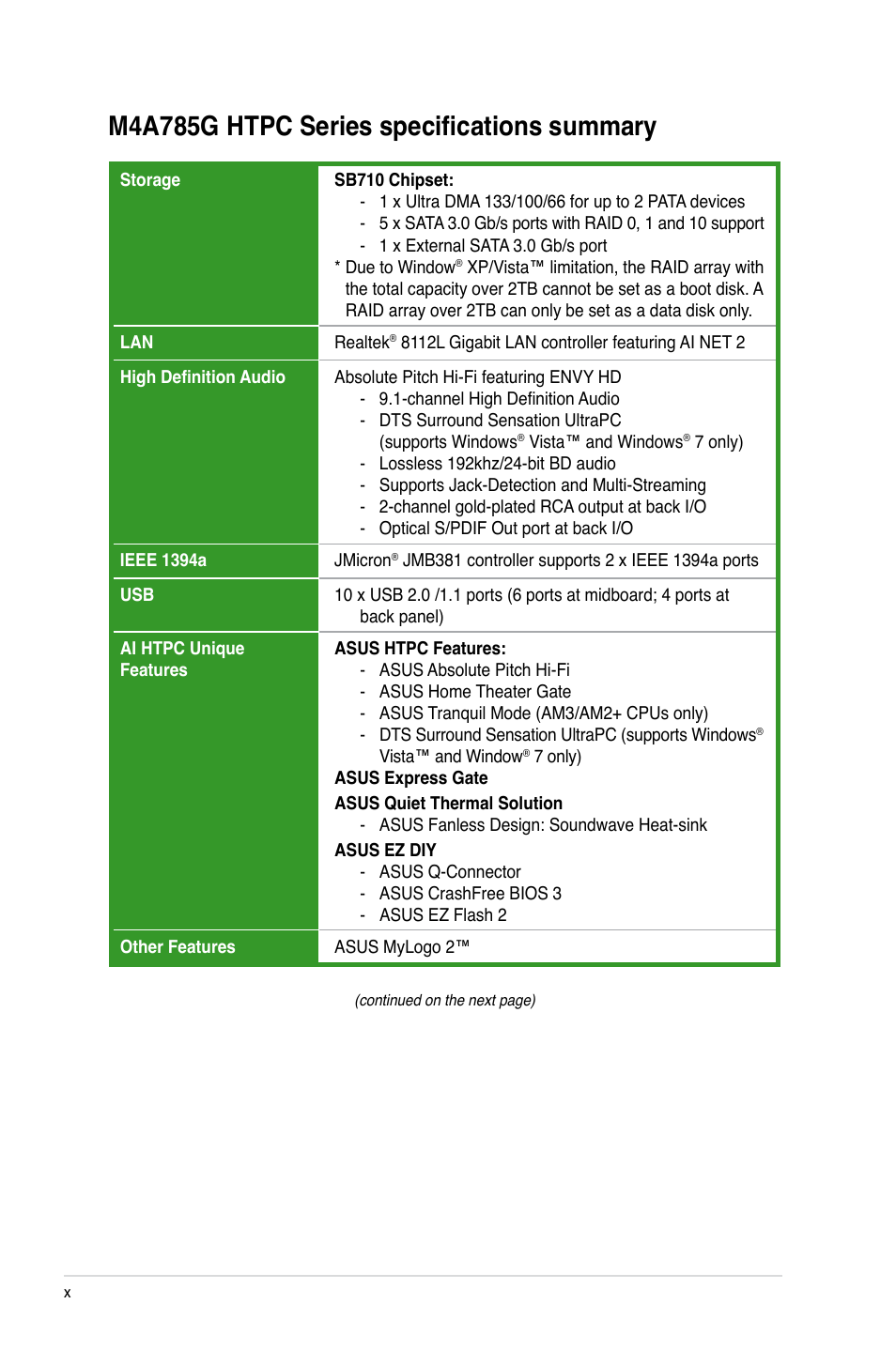 M4a785g htpc series specifications summary | Asus M4A785G HTPC/RC User Manual | Page 10 / 72