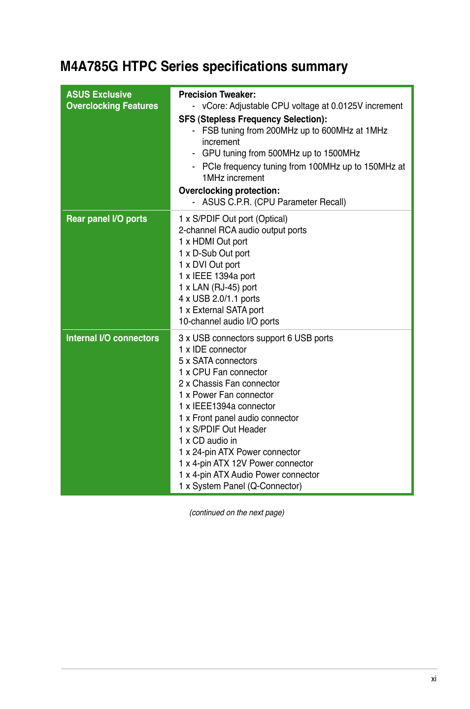 M4a785g htpc series specifications summary | Asus M4A785G HTPC/RC User Manual | Page 11 / 72