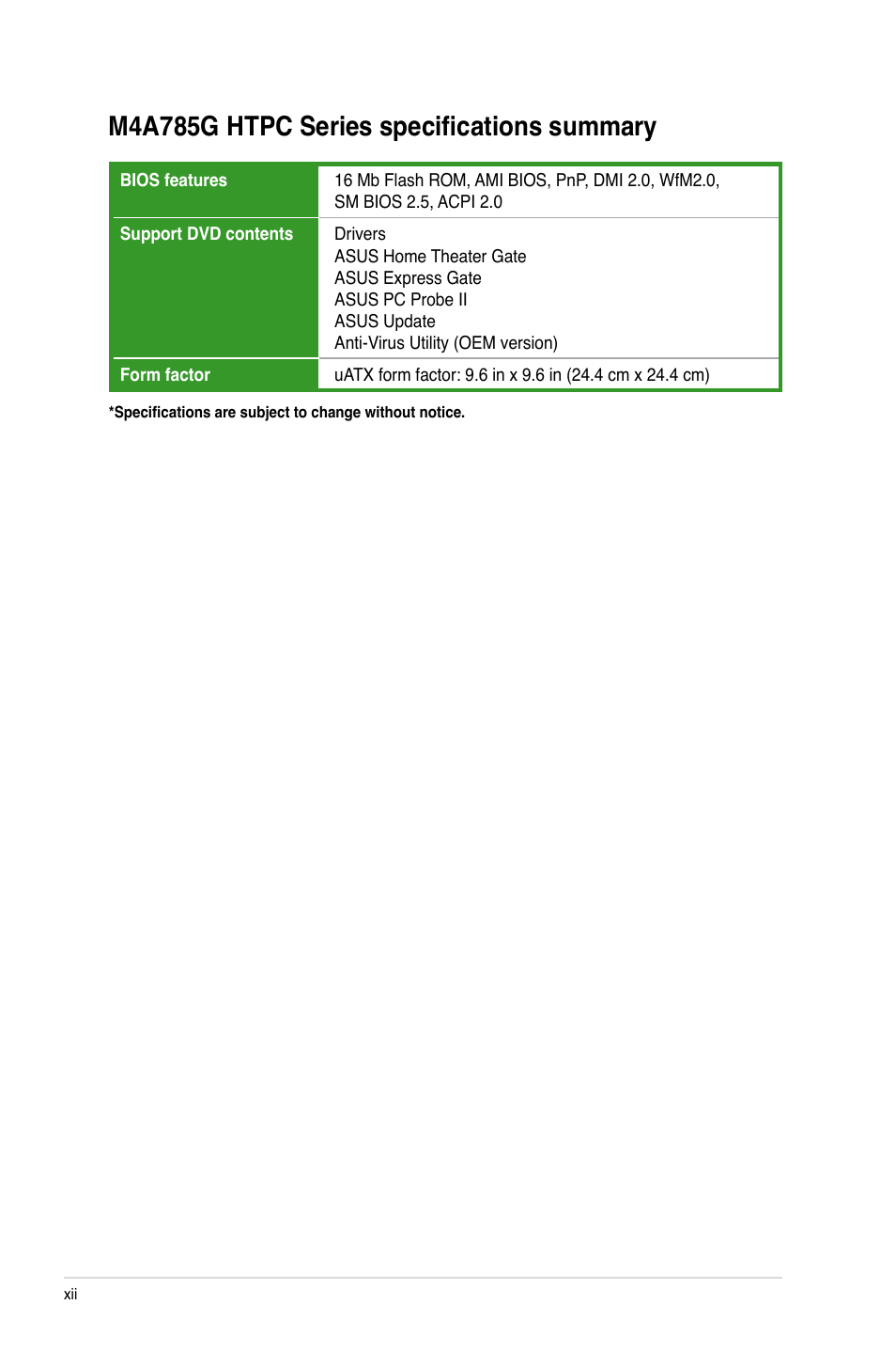 M4a785g htpc series specifications summary | Asus M4A785G HTPC/RC User Manual | Page 12 / 72