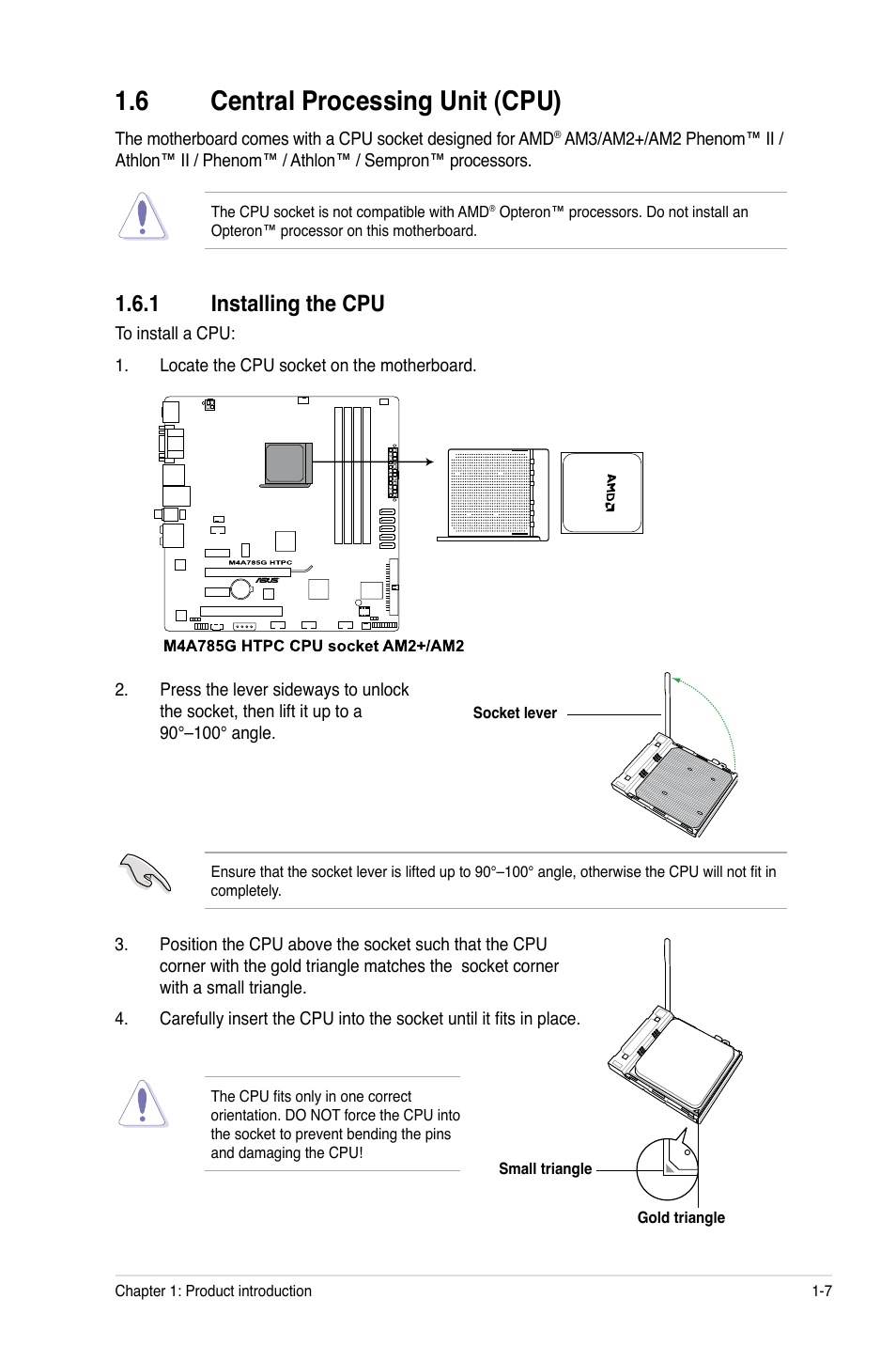 6 central processing unit (cpu), 1 installing the cpu, Central processing unit (cpu) -7 1.6.1 | Installing the cpu -7 | Asus M4A785G HTPC/RC User Manual | Page 19 / 72