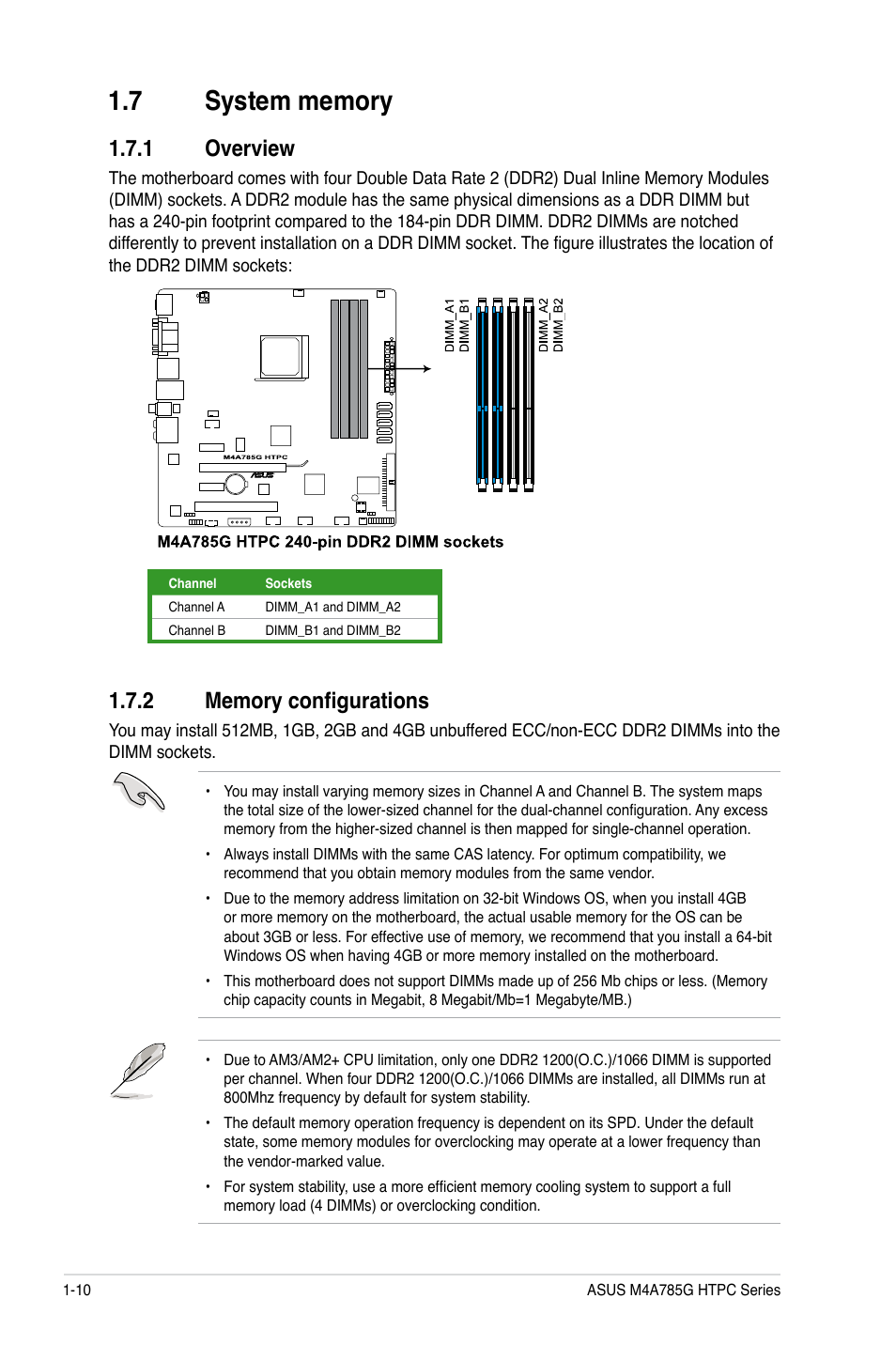 7 system memory, 1 overview, 2 memory configurations | System memory -10 1.7.1, Overview -10, Memory configurations -10 | Asus M4A785G HTPC/RC User Manual | Page 22 / 72