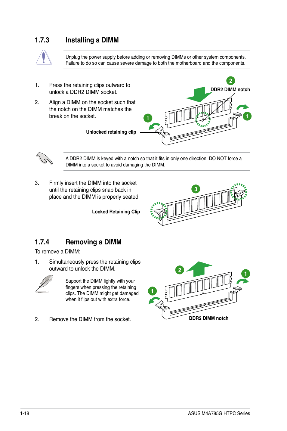 3 installing a dimm, 4 removing a dimm, Installing a dimm -18 | Removing a dimm -18 | Asus M4A785G HTPC/RC User Manual | Page 30 / 72
