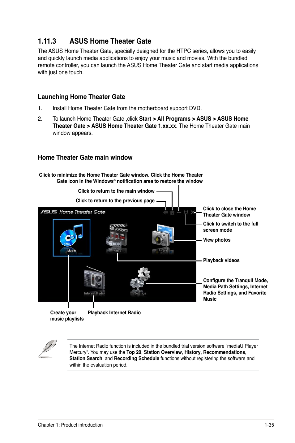 3 asus home theater gate, 3 asus home theater gate -35, Launching home theater gate | Home theater gate main window | Asus M4A785G HTPC/RC User Manual | Page 47 / 72