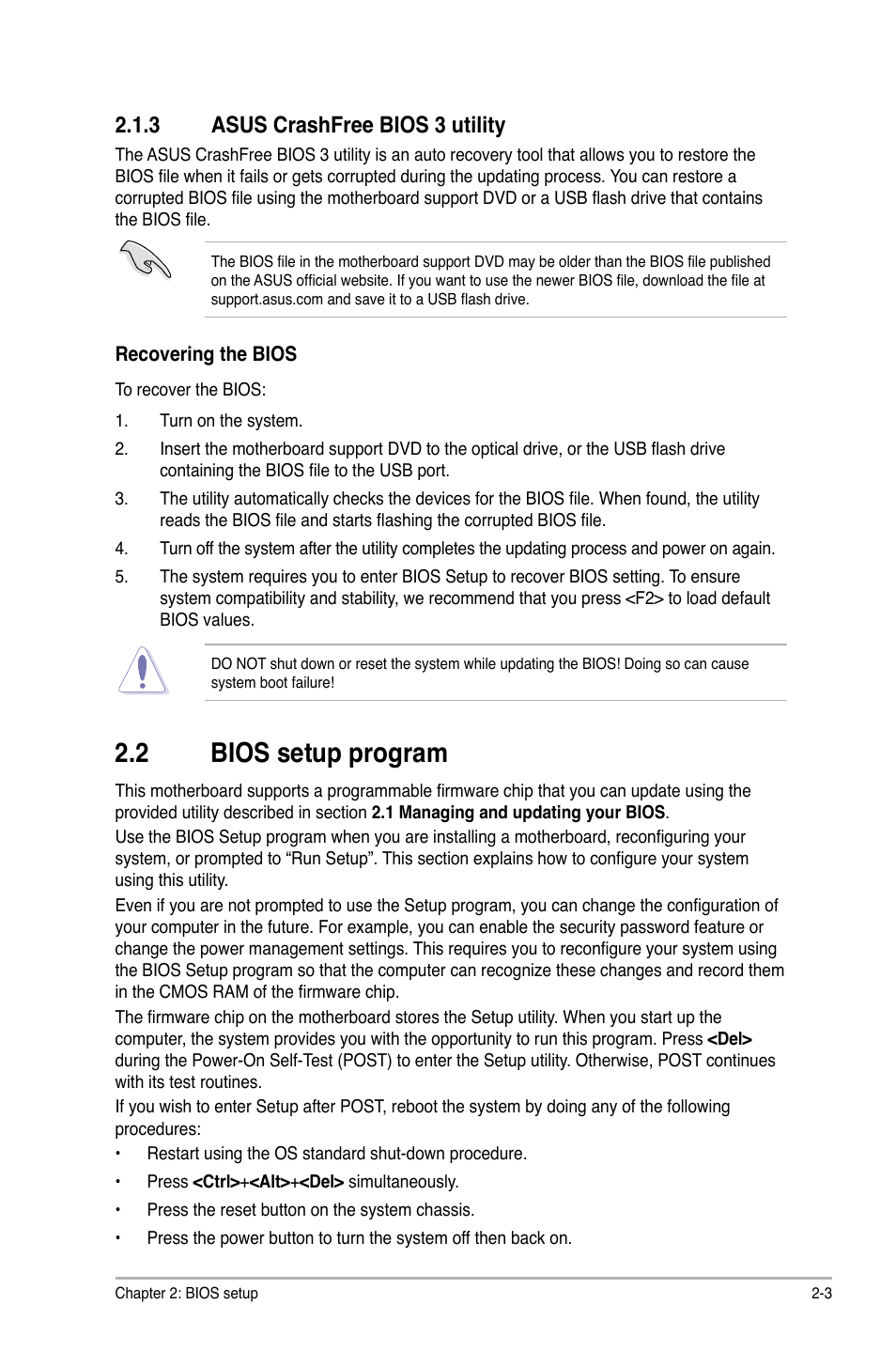 3 asus crashfree bios 3 utility, 2 bios setup program, Asus crashfree bios 3 utility -3 | Bios setup program -3 | Asus M4A785G HTPC/RC User Manual | Page 53 / 72