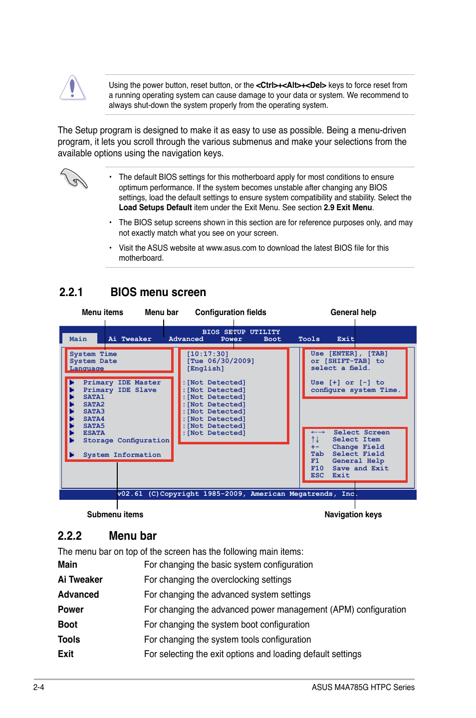 1 bios menu screen, 2 menu bar, Bios menu screen -4 | Menu bar -4, 1 bios menu screen 2.2.2 menu bar | Asus M4A785G HTPC/RC User Manual | Page 54 / 72