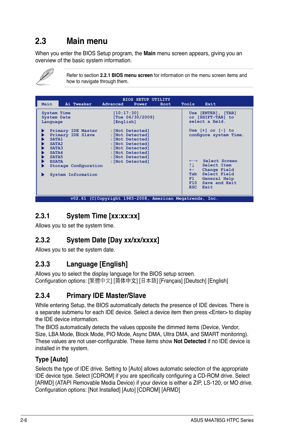 3 main menu, 1 system time [xx:xx:xx, 2 system date [day xx/xx/xxxx | 3 language [english, 4 primary ide master/slave, Main menu -6 2.3.1, System time [xx:xx:xx] -6, System date [day xx/xx/xxxx] -6, Language [english] -6, Primary ide master/slave -6 | Asus M4A785G HTPC/RC User Manual | Page 56 / 72