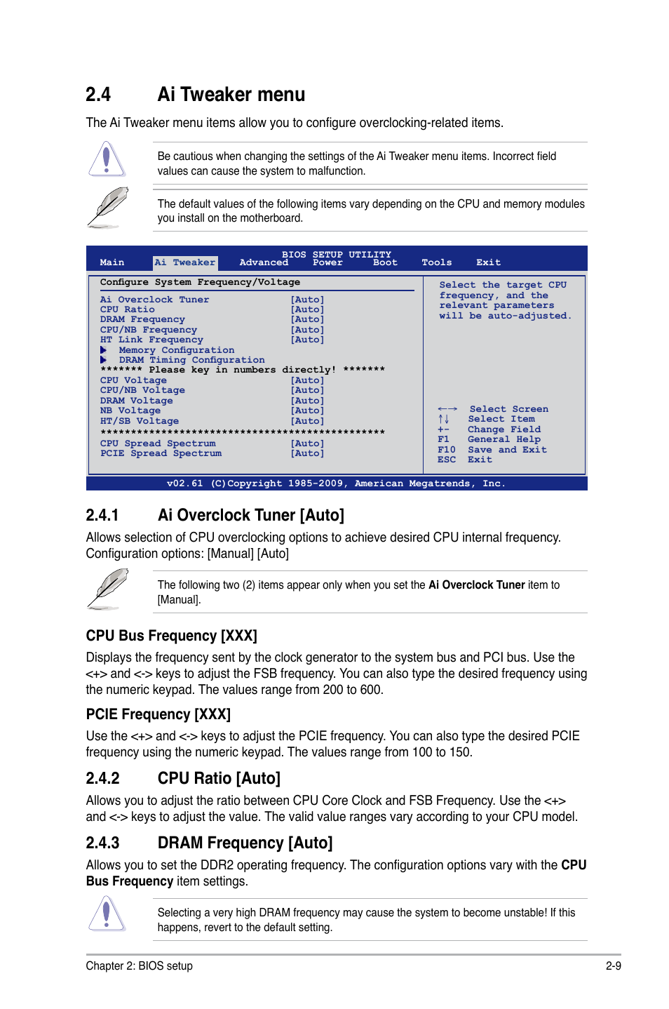 4 ai tweaker menu, 1 ai overclock tuner [auto, 2 cpu ratio [auto | 3 dram frequency [auto, Ai tweaker menu -9 2.4.1, Ai overclock tuner [auto] -9, Cpu ratio [auto] -9, Dram frequency [auto] -9, Cpu bus frequency [xxx, Pcie frequency [xxx | Asus M4A785G HTPC/RC User Manual | Page 59 / 72