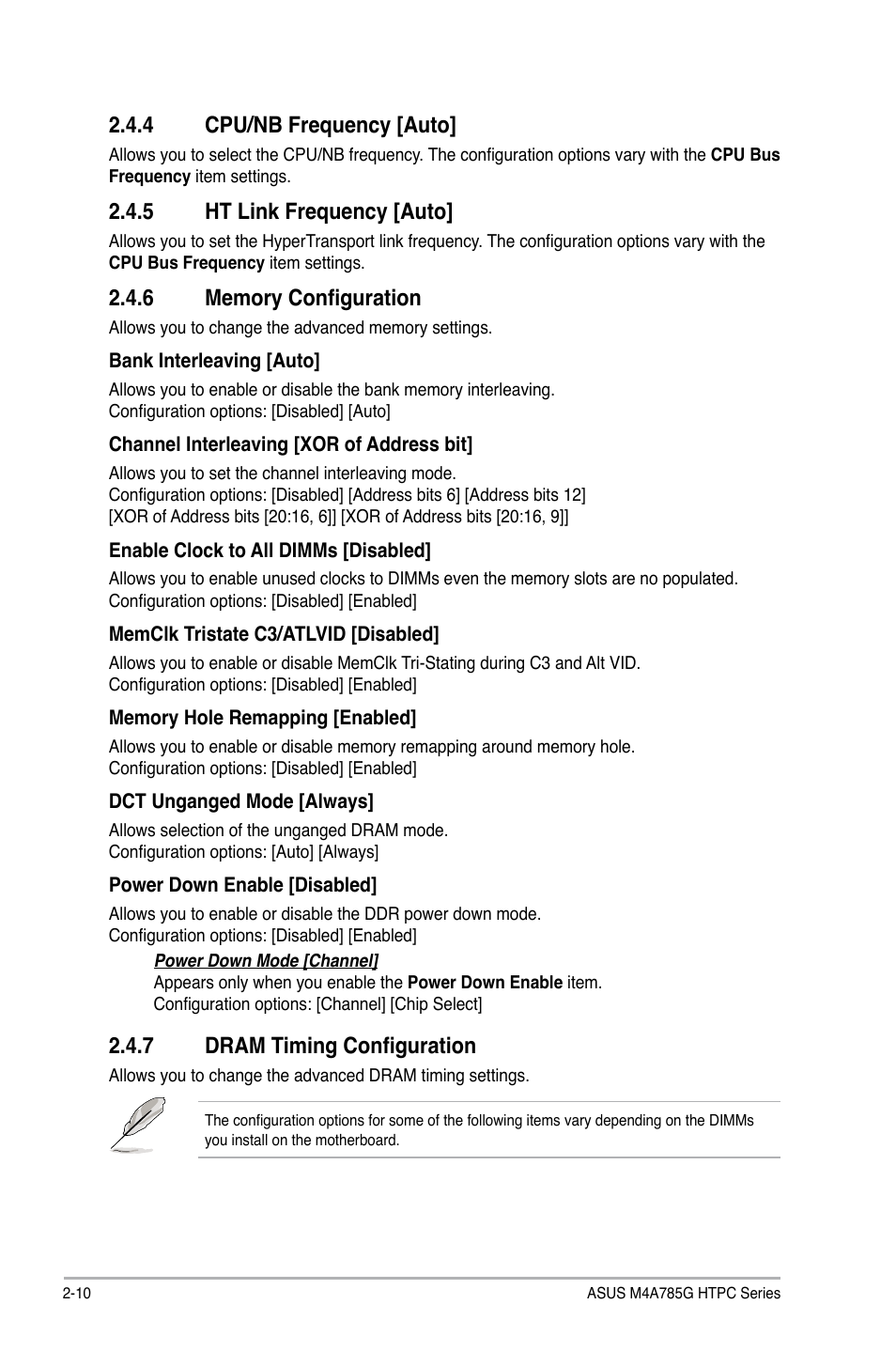 4 cpu/nb frequency [auto, 5 ht link frequency [auto, 6 memory configuration | 7 dram timing configuration, Cpu/nb frequency [auto] -10, Ht link frequency [auto] -10, Memory configuration -10, Dram timing configuration -10 | Asus M4A785G HTPC/RC User Manual | Page 60 / 72