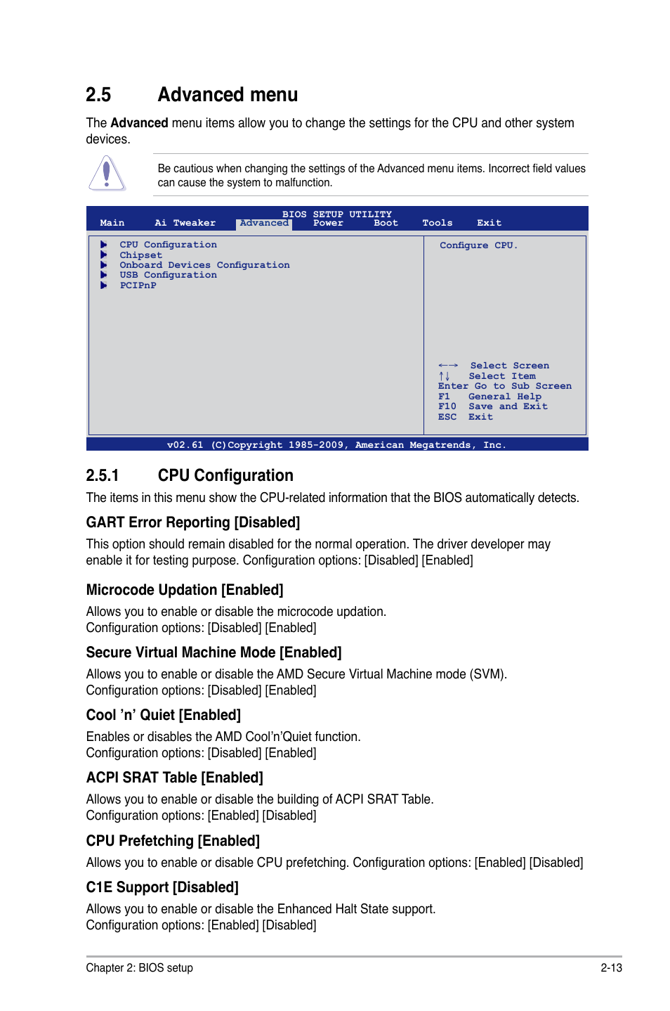 5 advanced menu, 1 cpu configuration, Advanced menu -13 2.5.1 | Cpu configuration -13 | Asus M4A785G HTPC/RC User Manual | Page 63 / 72