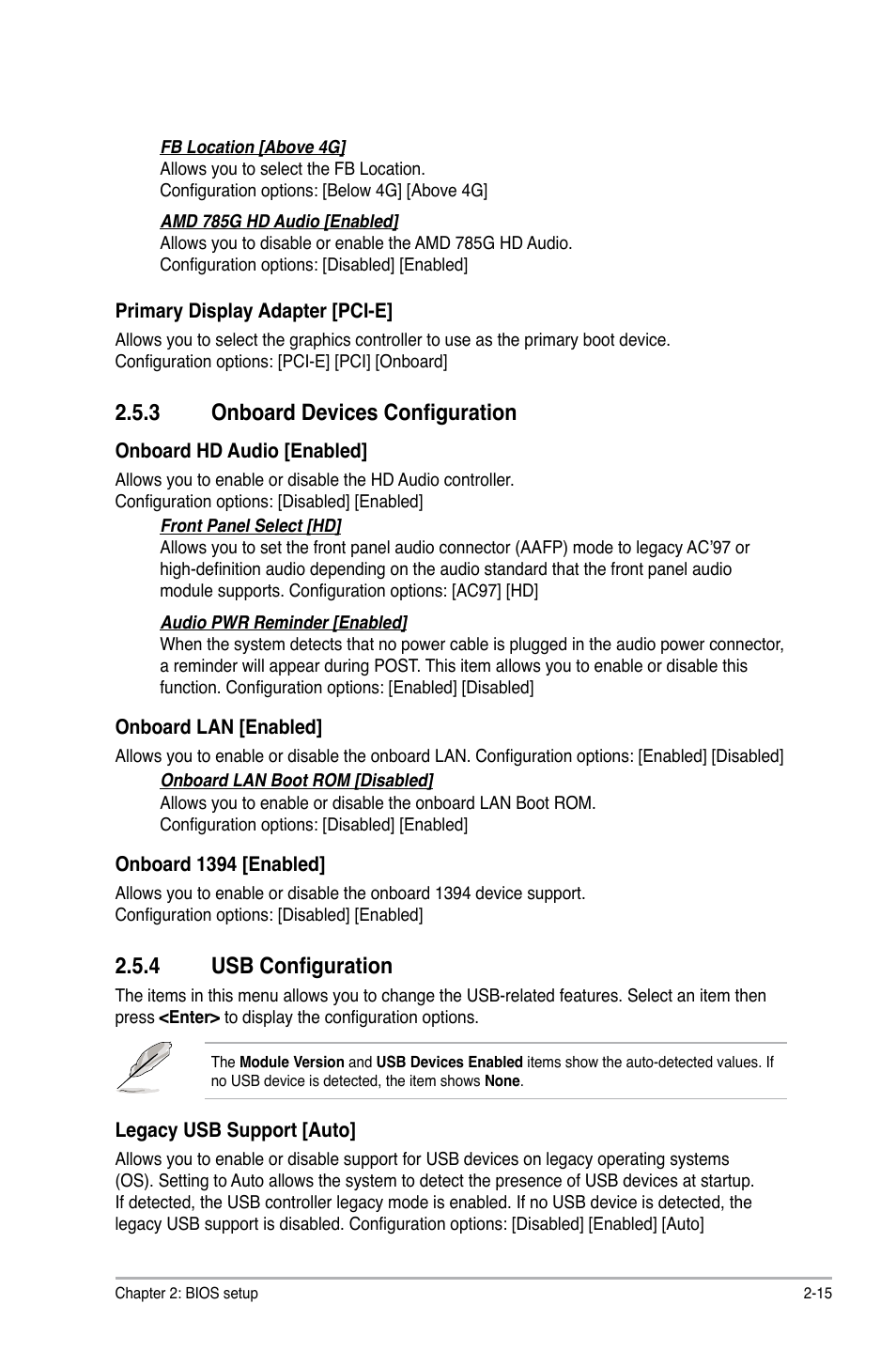 3 onboard devices configuration, 4 usb configuration, Onboard devices configuration -15 | Usb configuration -15 | Asus M4A785G HTPC/RC User Manual | Page 65 / 72