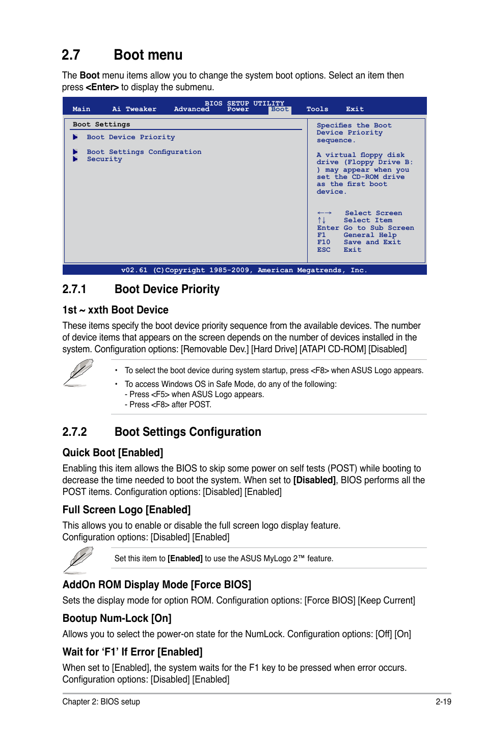 7 boot menu, 1 boot device priority, 2 boot settings configuration | Boot menu -19 2.7.1, Boot device priority -19, Boot settings configuration -19, 1st ~ xxth boot device, Quick boot [enabled, Full screen logo [enabled, Addon rom display mode [force bios | Asus M4A785G HTPC/RC User Manual | Page 69 / 72