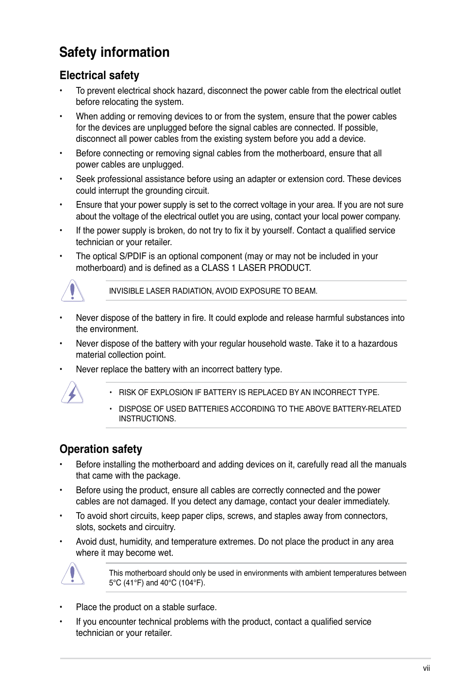 Safety information, Electrical safety, Operation safety | Asus M4A785G HTPC/RC User Manual | Page 7 / 72