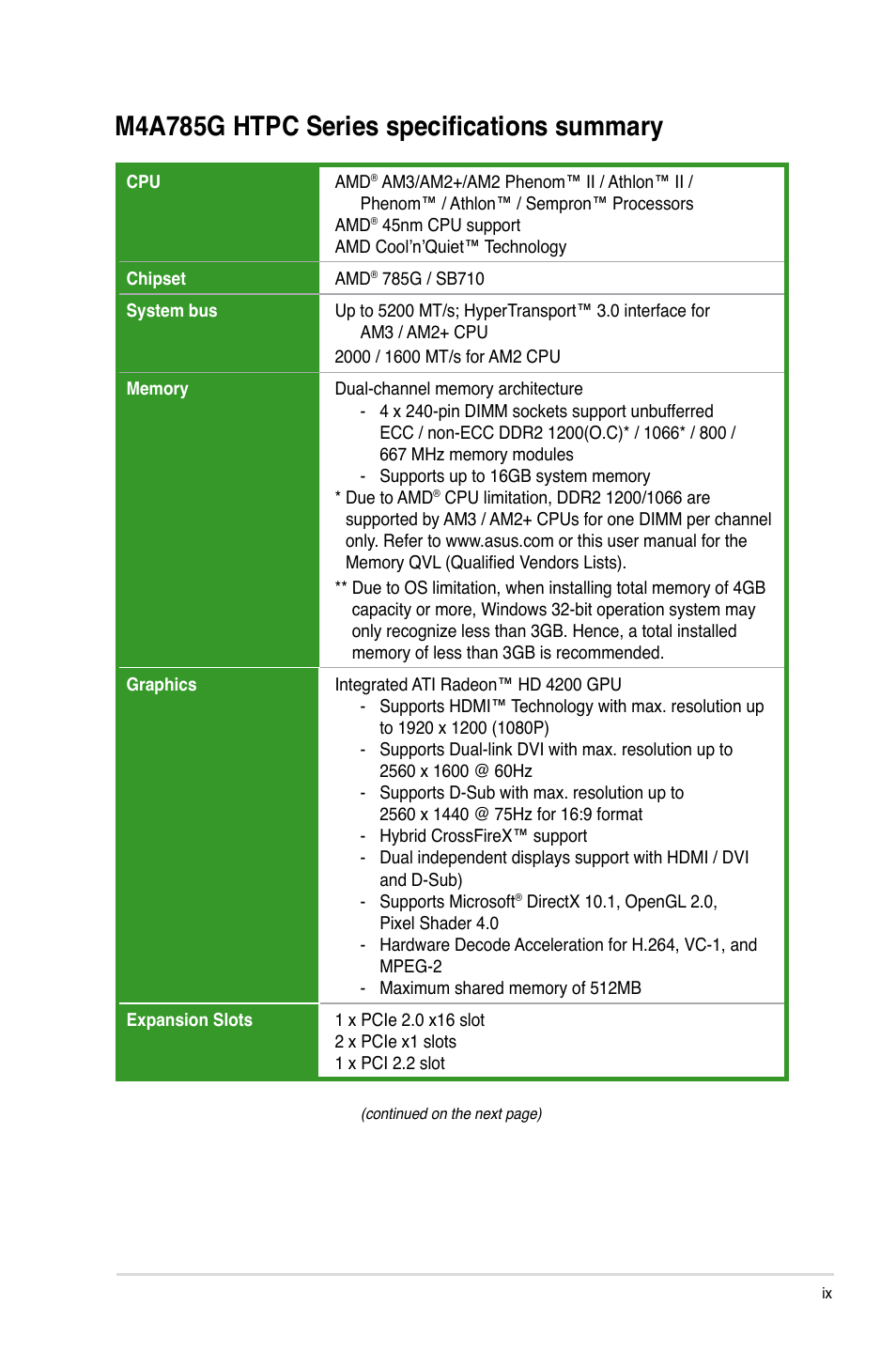 M4a785g htpc series specifications summary | Asus M4A785G HTPC/RC User Manual | Page 9 / 72