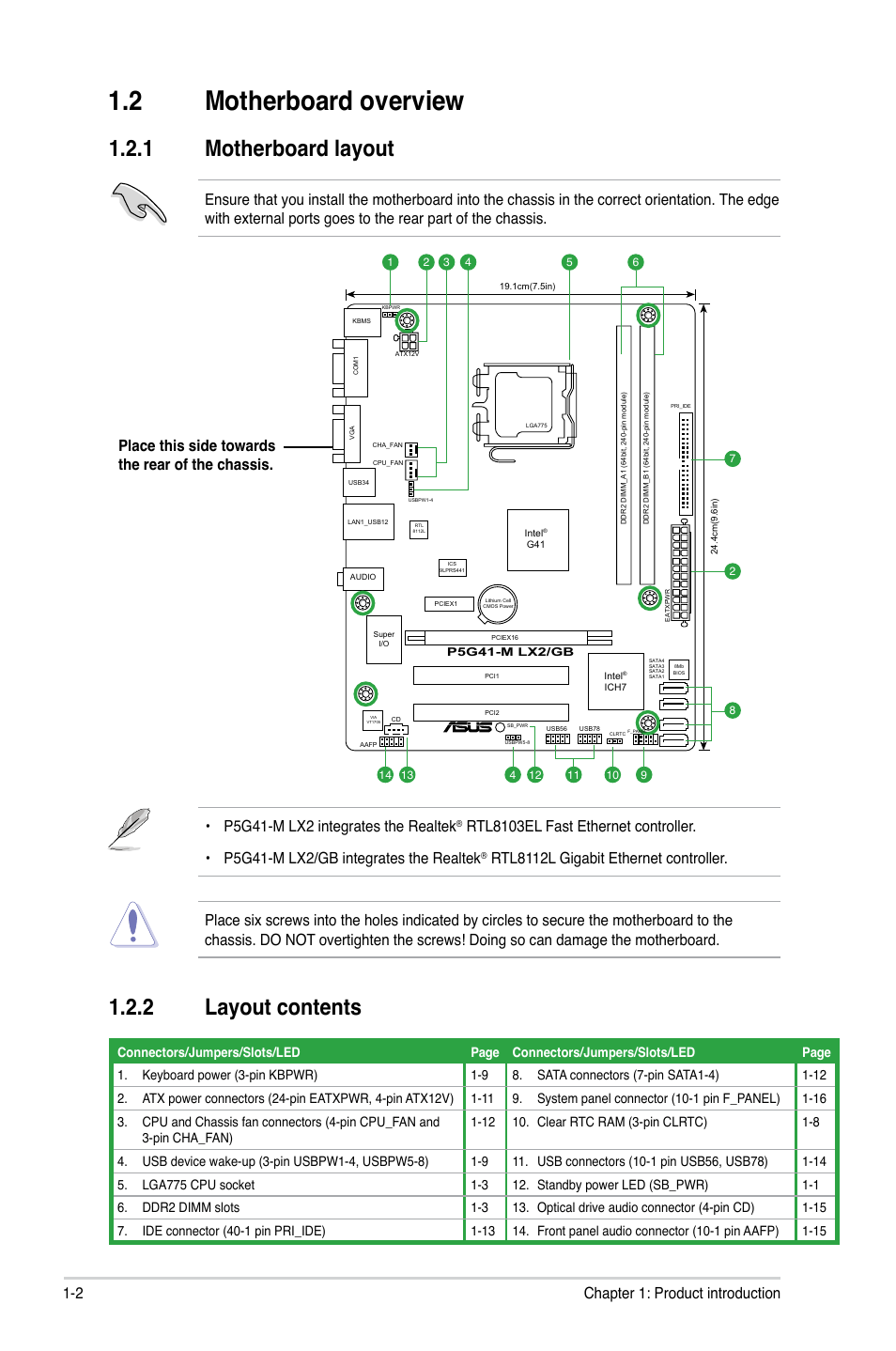 2 motherboard overview, 1 motherboard layout, 2 layout contents | Motherboard overview -2 1.2.1, Motherboard layout -2, Layout contents -2, 2 chapter 1: product introduction, P5g41-m lx2 integrates the realtek, Rtl8112l gigabit ethernet controller | Asus P5G41-M LX2/GB User Manual | Page 11 / 40