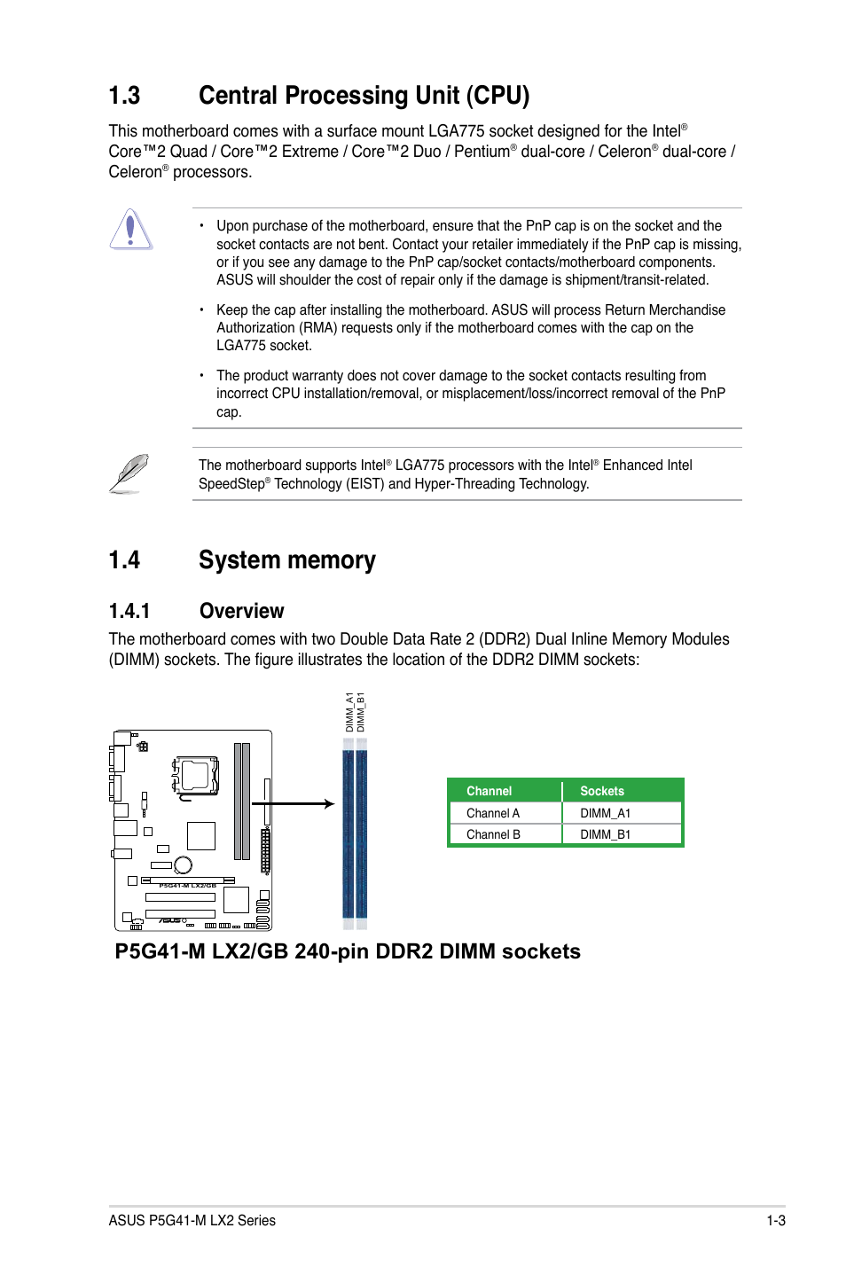 3 central processing unit (cpu), 4 system memory, 1 overview | Central processing unit (cpu) -3, System memory -3 1.4.1, Overview -3 | Asus P5G41-M LX2/GB User Manual | Page 12 / 40
