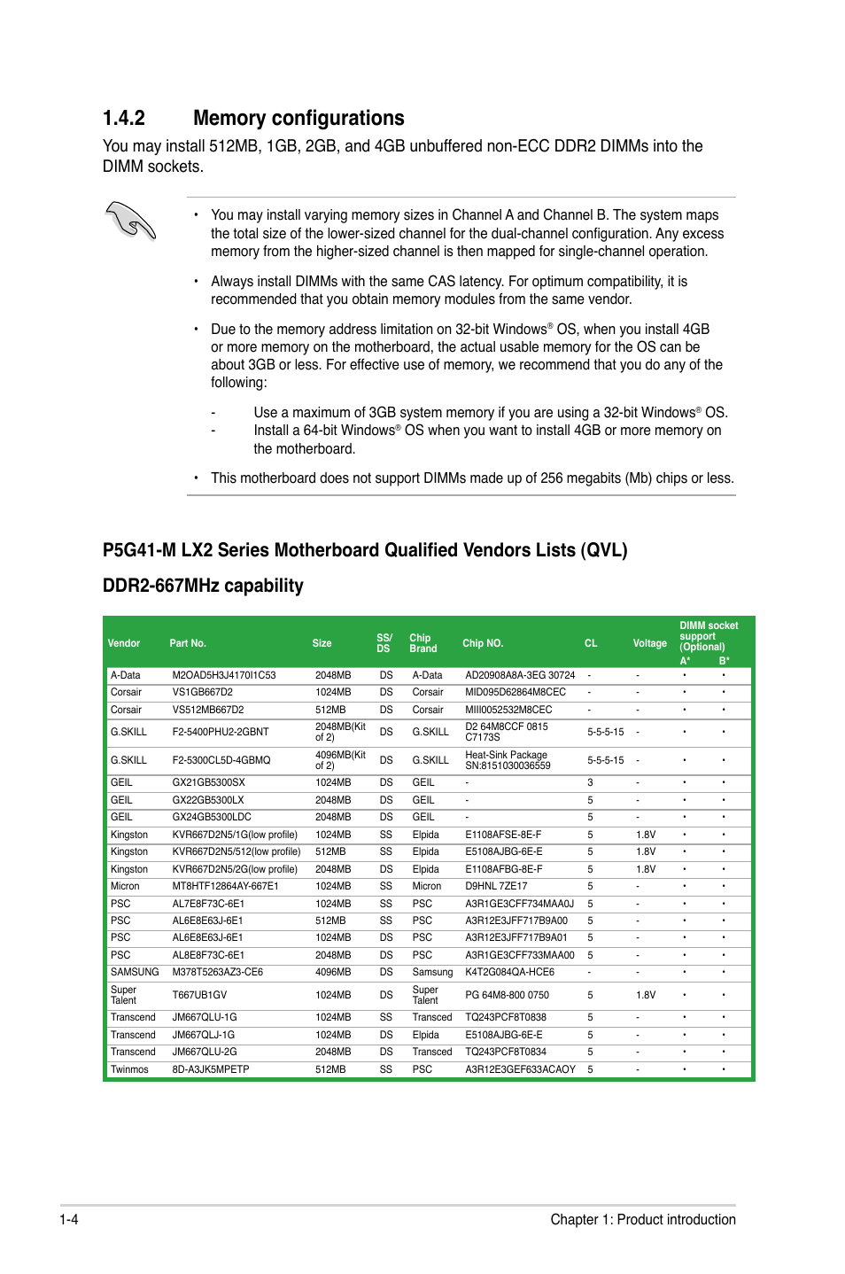 2 memory configurations, Memory configurations -4, 4 chapter 1: product introduction | Os. - install a 64-bit windows | Asus P5G41-M LX2/GB User Manual | Page 13 / 40