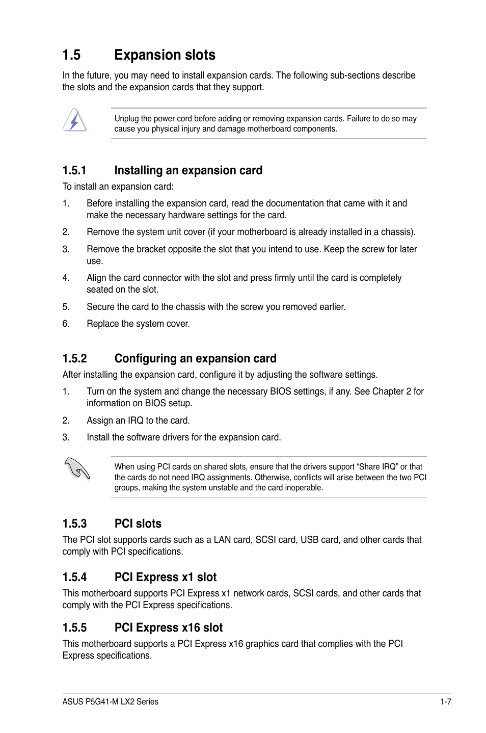 5 expansion slots, 1 installing an expansion card, 2 configuring an expansion card | 3 pci slots, 4 pci express x1 slot, 5 pci express x16 slot, Expansion slots -7 1.5.1, Installing an expansion card -7, Configuring an expansion card -7, Pci slots -7 | Asus P5G41-M LX2/GB User Manual | Page 16 / 40