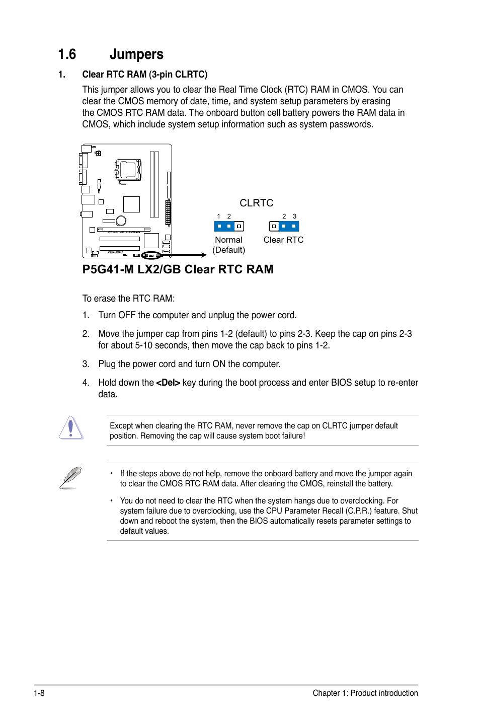 6 jumpers, Jumpers -8, P5g41-m lx2/gb clear rtc ram | Asus P5G41-M LX2/GB User Manual | Page 17 / 40