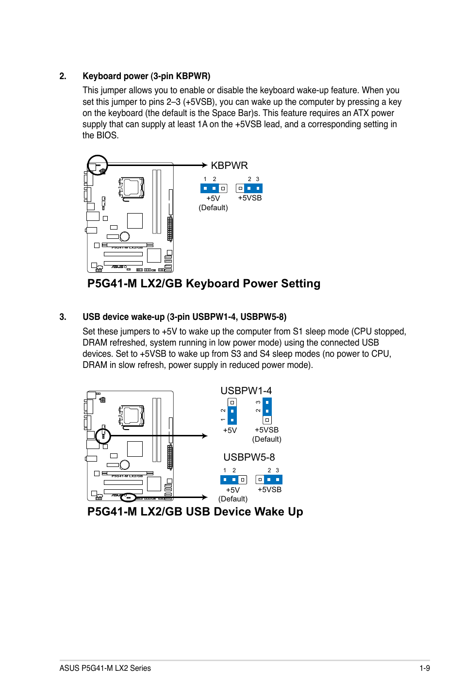 P5g41-m lx2/gb keyboard power setting, P5g41-m lx2/gb usb device wake up, Kbpwr | Usbpw5-8, Usbpw1-4 | Asus P5G41-M LX2/GB User Manual | Page 18 / 40