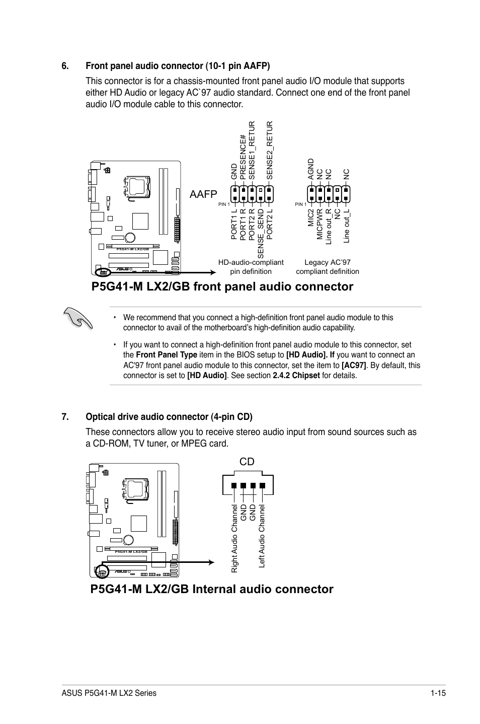 P5g41-m lx2/gb front panel audio connector, P5g41-m lx2/gb internal audio connector, Aafp | Asus P5G41-M LX2/GB User Manual | Page 24 / 40