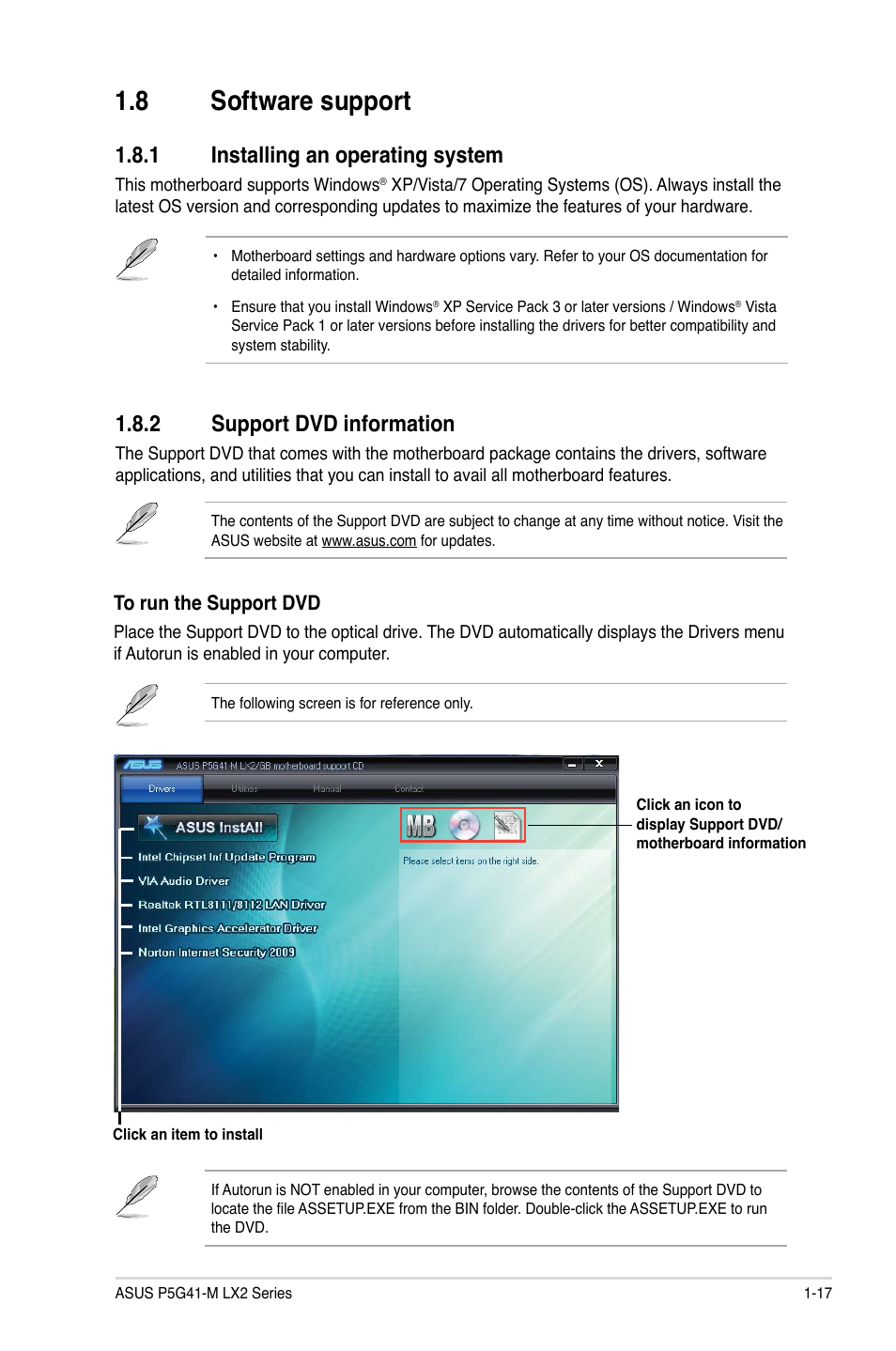 8 software support, 1 installing an operating system, 2 support dvd information | Software support -17 1.8.1, Installing an operating system -17, Support dvd information -17 | Asus P5G41-M LX2/GB User Manual | Page 26 / 40