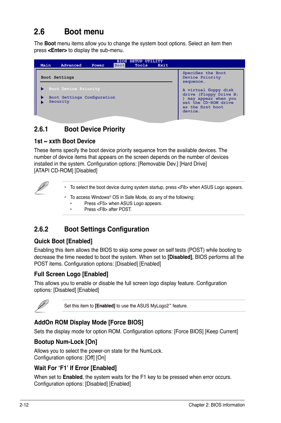 6 boot menu, 1 boot device priority, 2 boot settings configuration | Boot menu -12 2.6.1, Boot device priority -12, Boot settings configuration -12, 1st ~ xxth boot device, Quick boot [enabled, Full screen logo [enabled, Addon rom display mode [force bios | Asus P5G41-M LX2/GB User Manual | Page 38 / 40