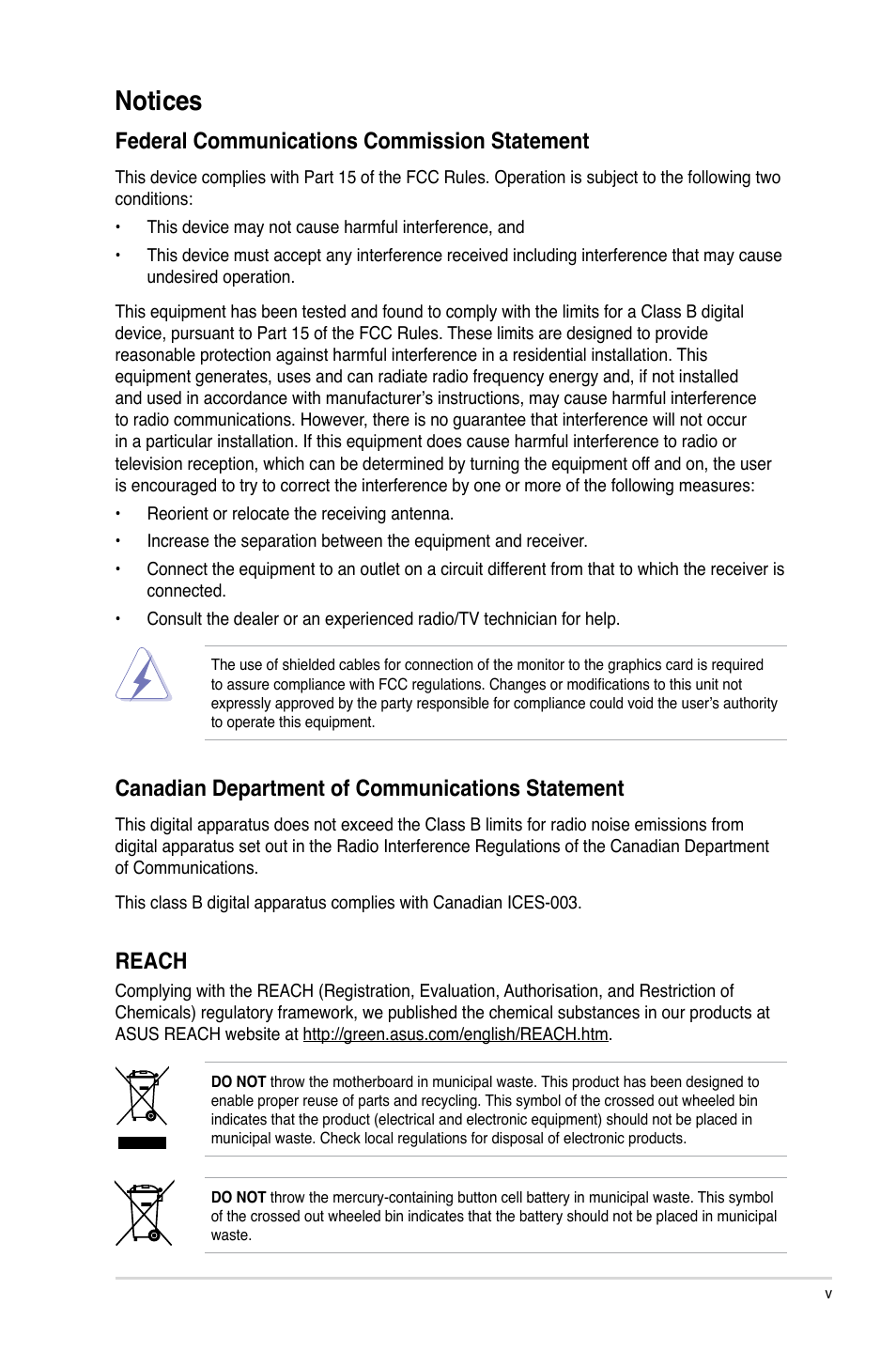 Notices, Federal communications commission statement, Canadian department of communications statement | Reach | Asus P5G41-M LX2/GB User Manual | Page 5 / 40