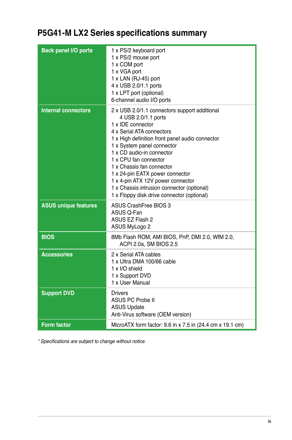 P5g41-m lx2 series specifications summary | Asus P5G41-M LX2/GB User Manual | Page 9 / 40