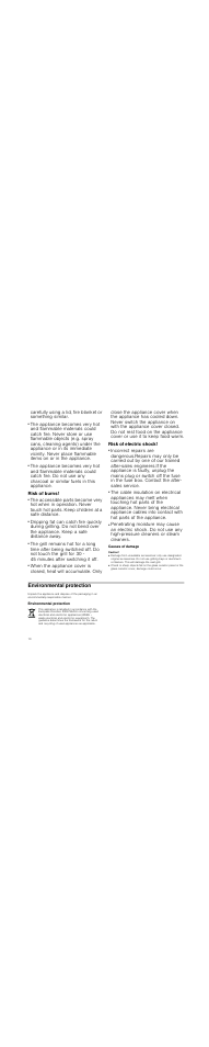 Risk of fire, Risk of burns, Risk of electric shock | Causes of damage, Caution, Damage from unsuitable accessories, Environmental protection | Neff N64K40N0 User Manual | Page 10 / 36