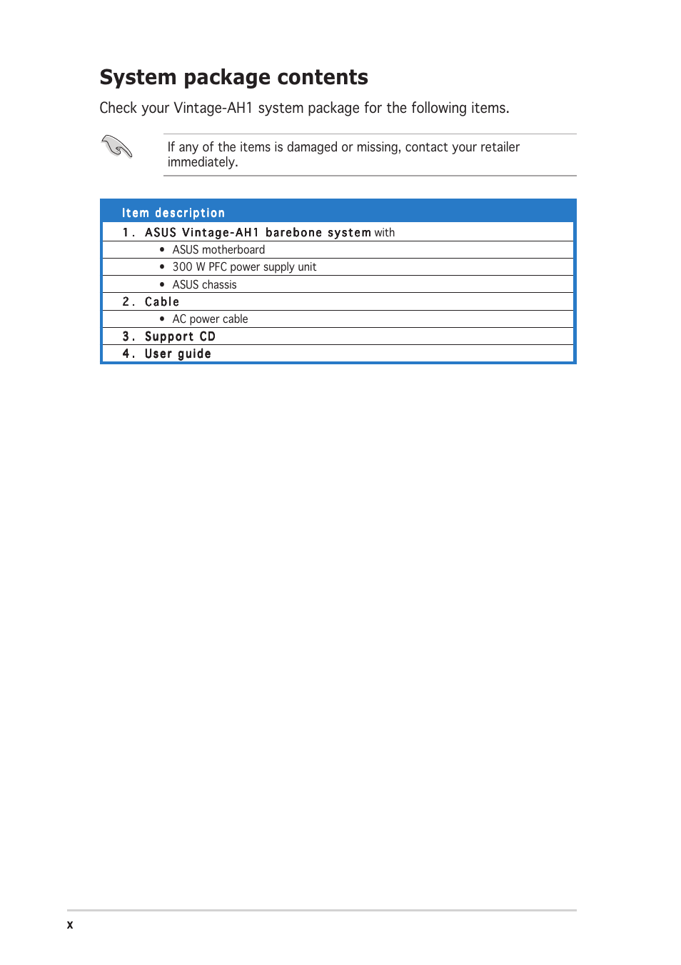 System package contents | Asus Vintage-AH1 User Manual | Page 10 / 103