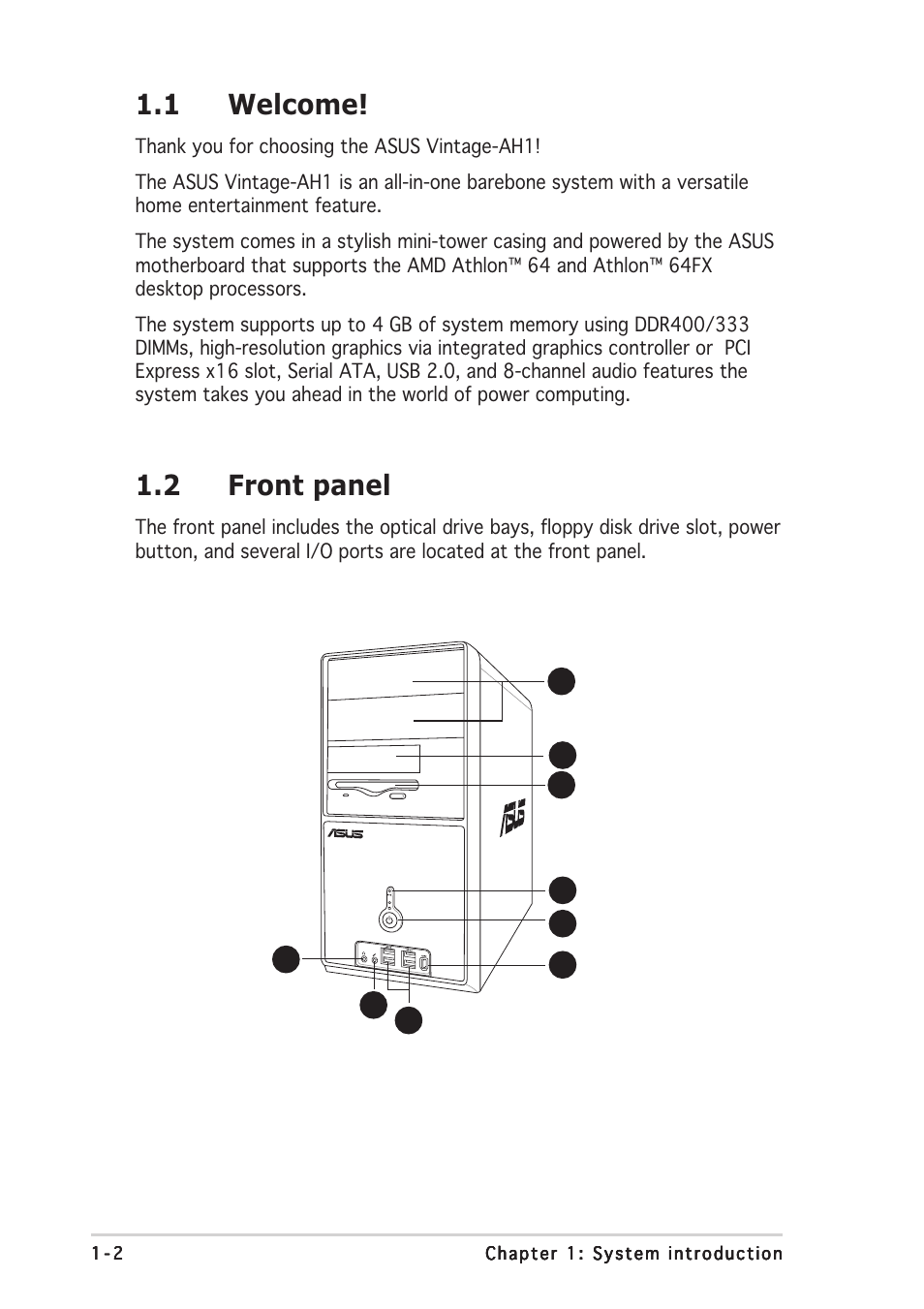 1 welcome, 2 front panel | Asus Vintage-AH1 User Manual | Page 12 / 103